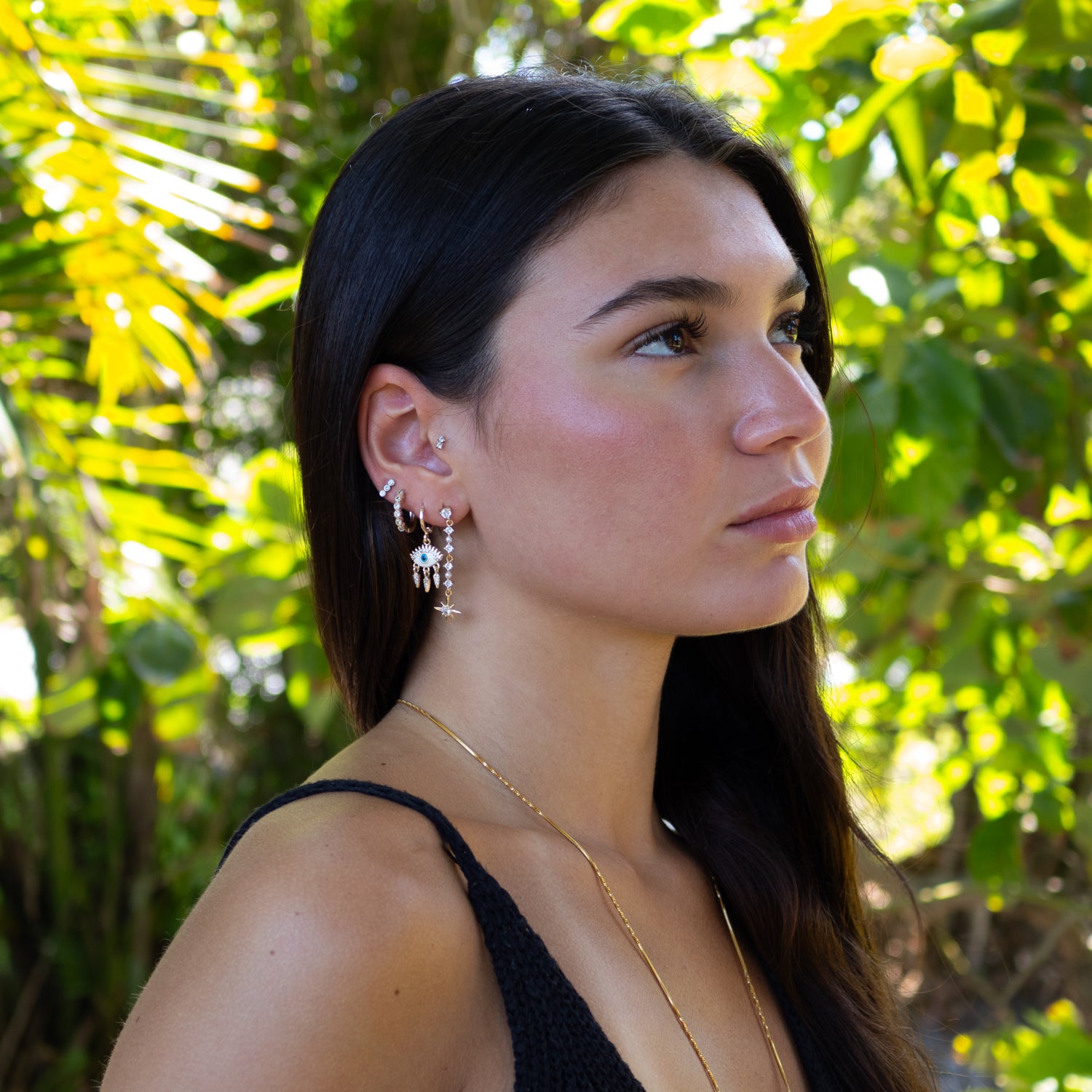 Guidance Star Evil Eye & Diamond Hoop Protection Gold Trio Earring Set