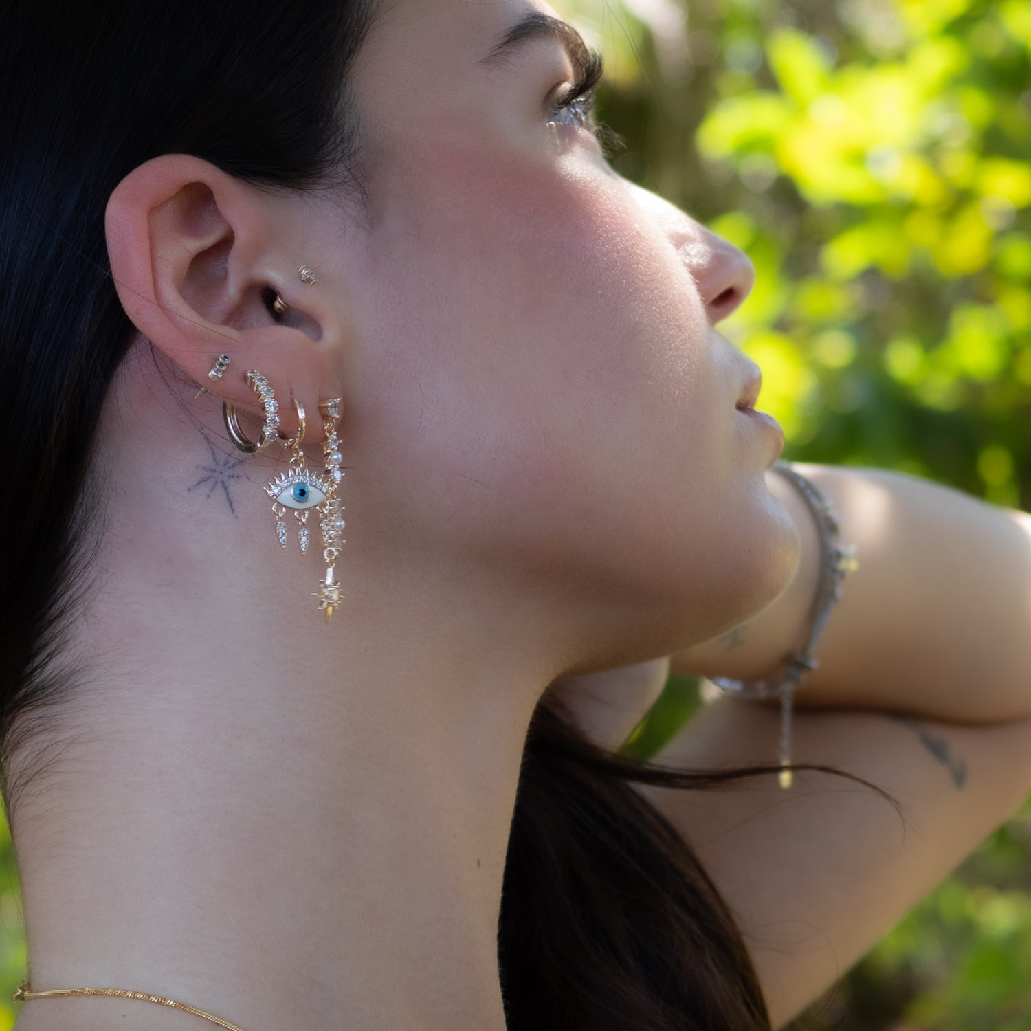 Guidance Star Evil Eye & Diamond Hoop Protection Gold Trio Earring Set