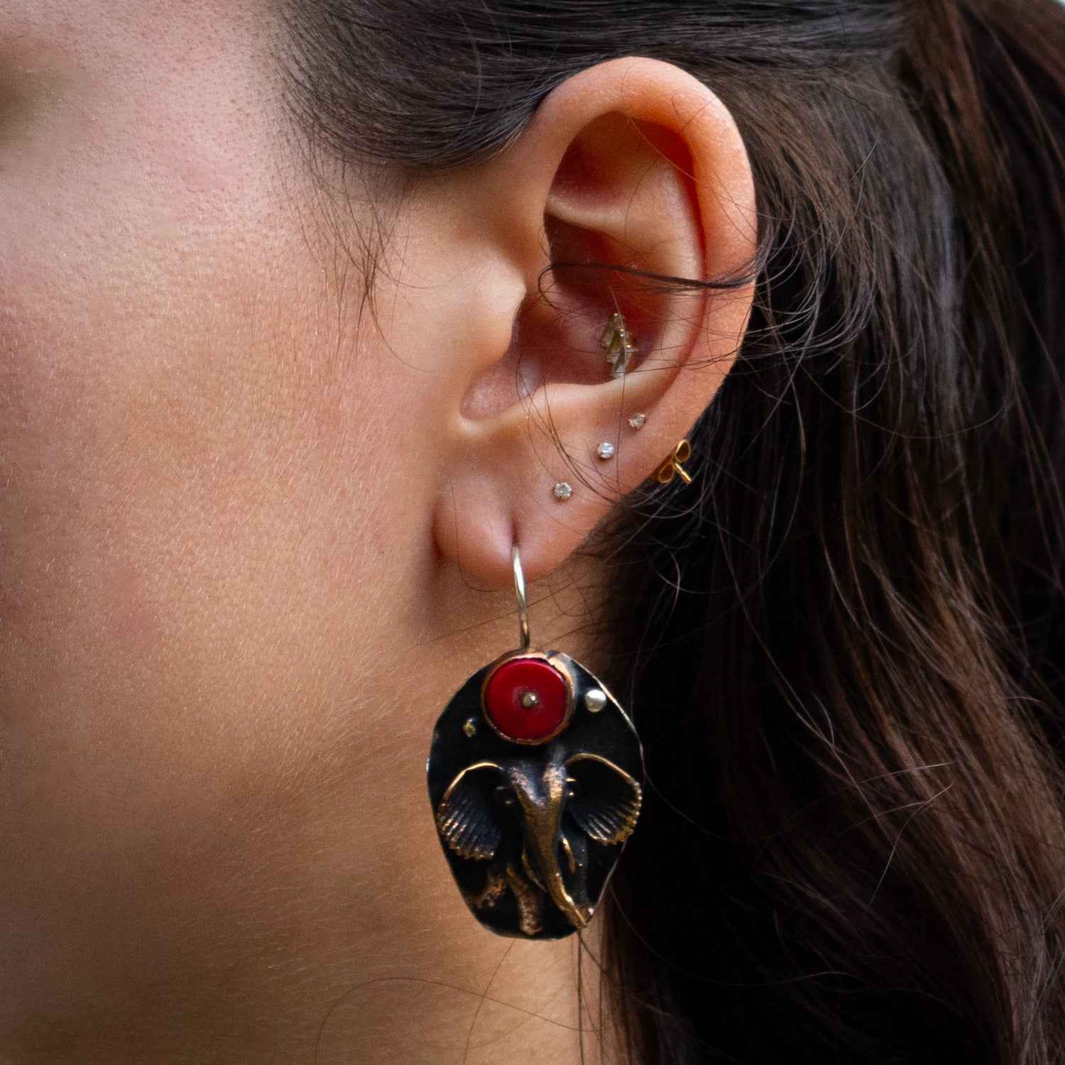Whimsical Handmade Elephant Earrings with Coral Gemstone Accents, Crafted from Bronze