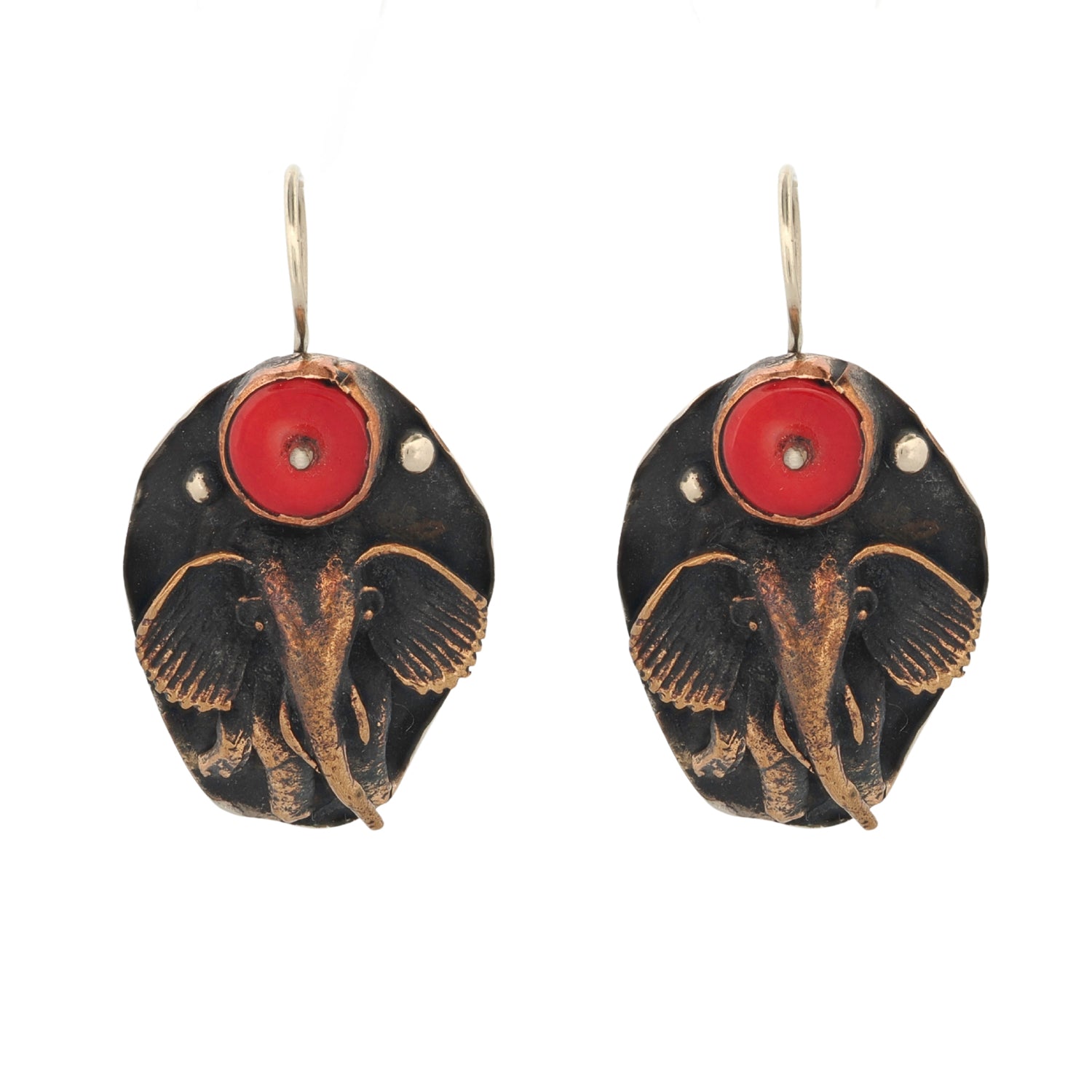 Handmade Elephant Earrings with Coral Stone and Bronze, Featuring a Whimsical and Sophisticated Design
