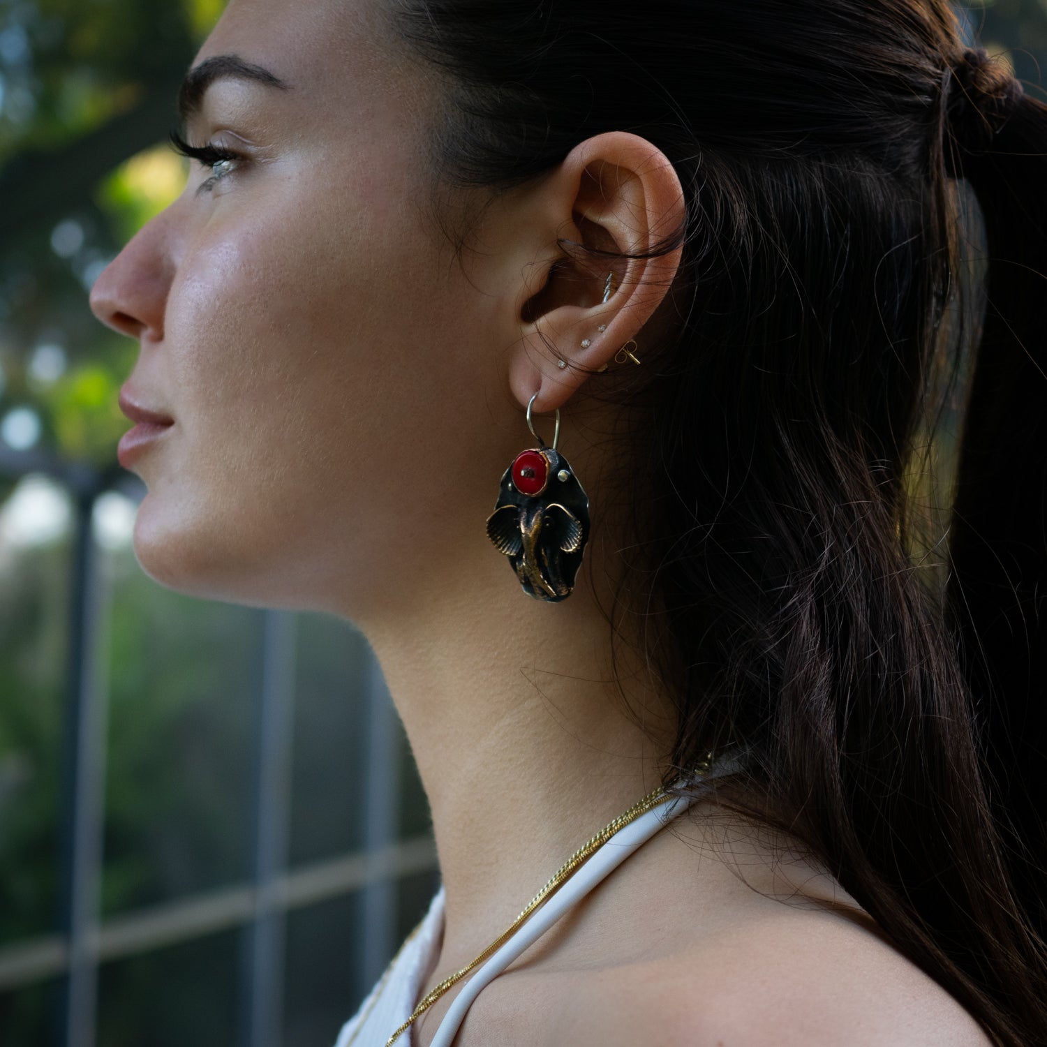 Unique Handmade Elephant Earrings with Coral Gemstones and Bronze Detailing for a Timeless Look