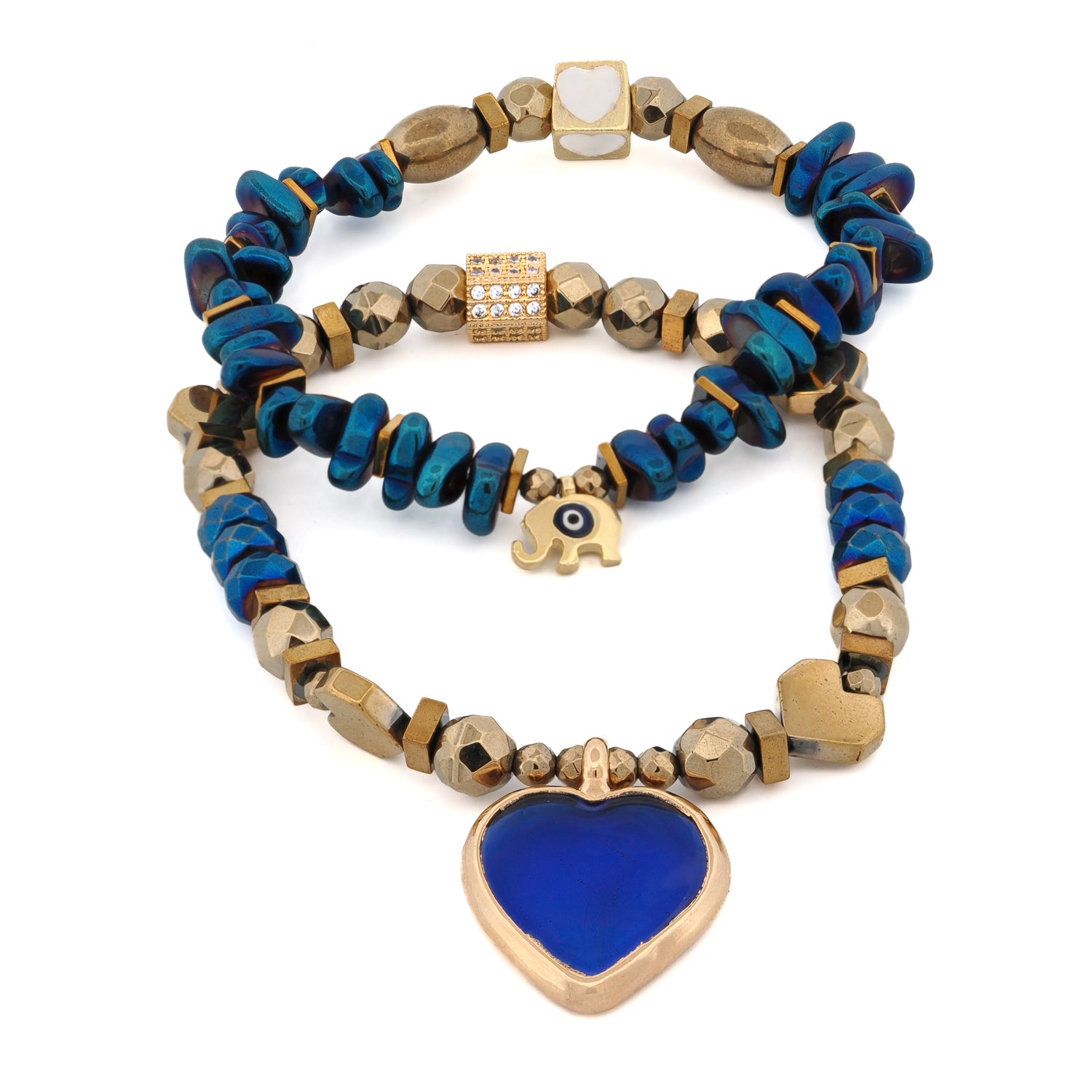 Heart & Luck Blue Murano & Elephant Charm Bracelet Set