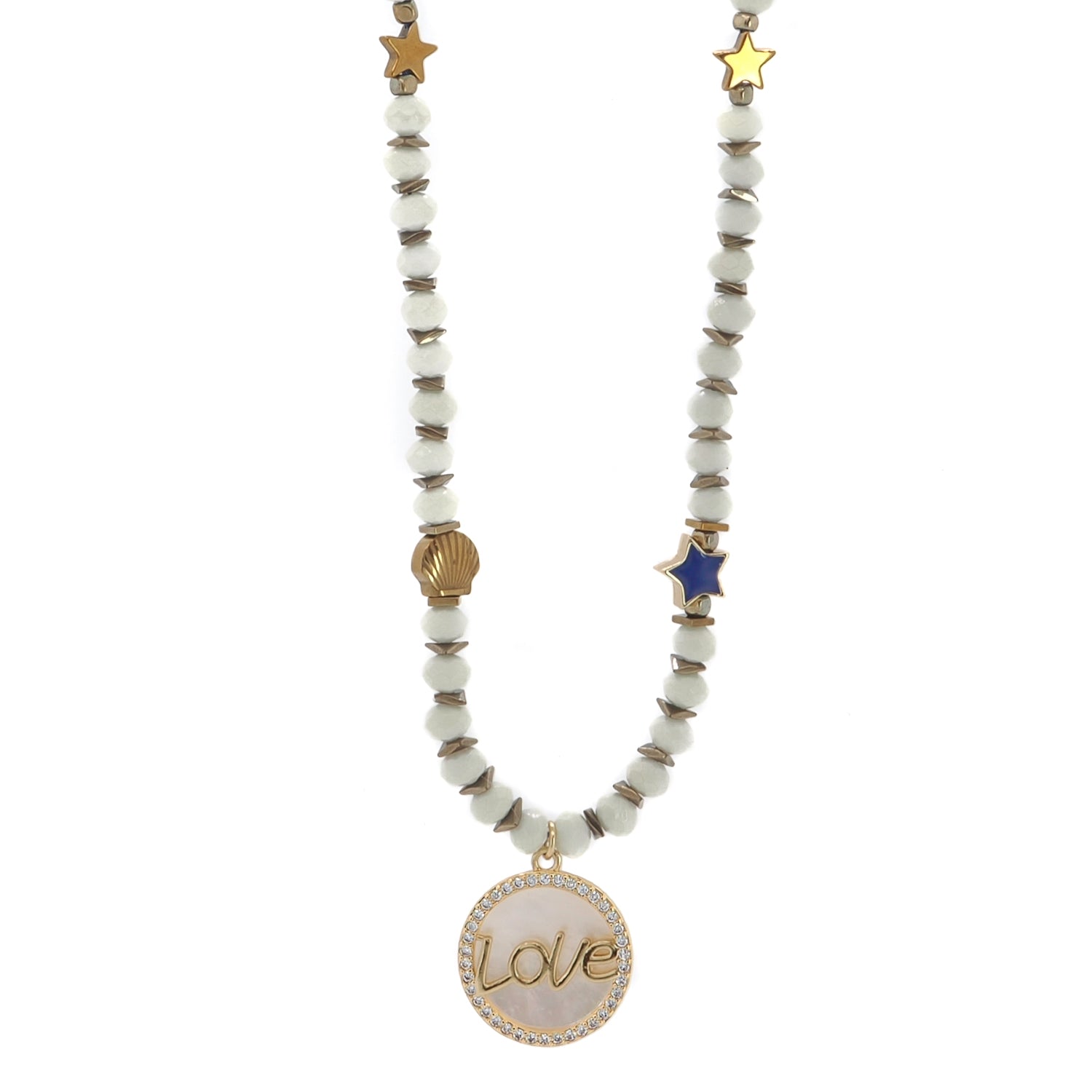 Celestial-themed necklace with faceted white crystals and mother-of-pearl pendant.
