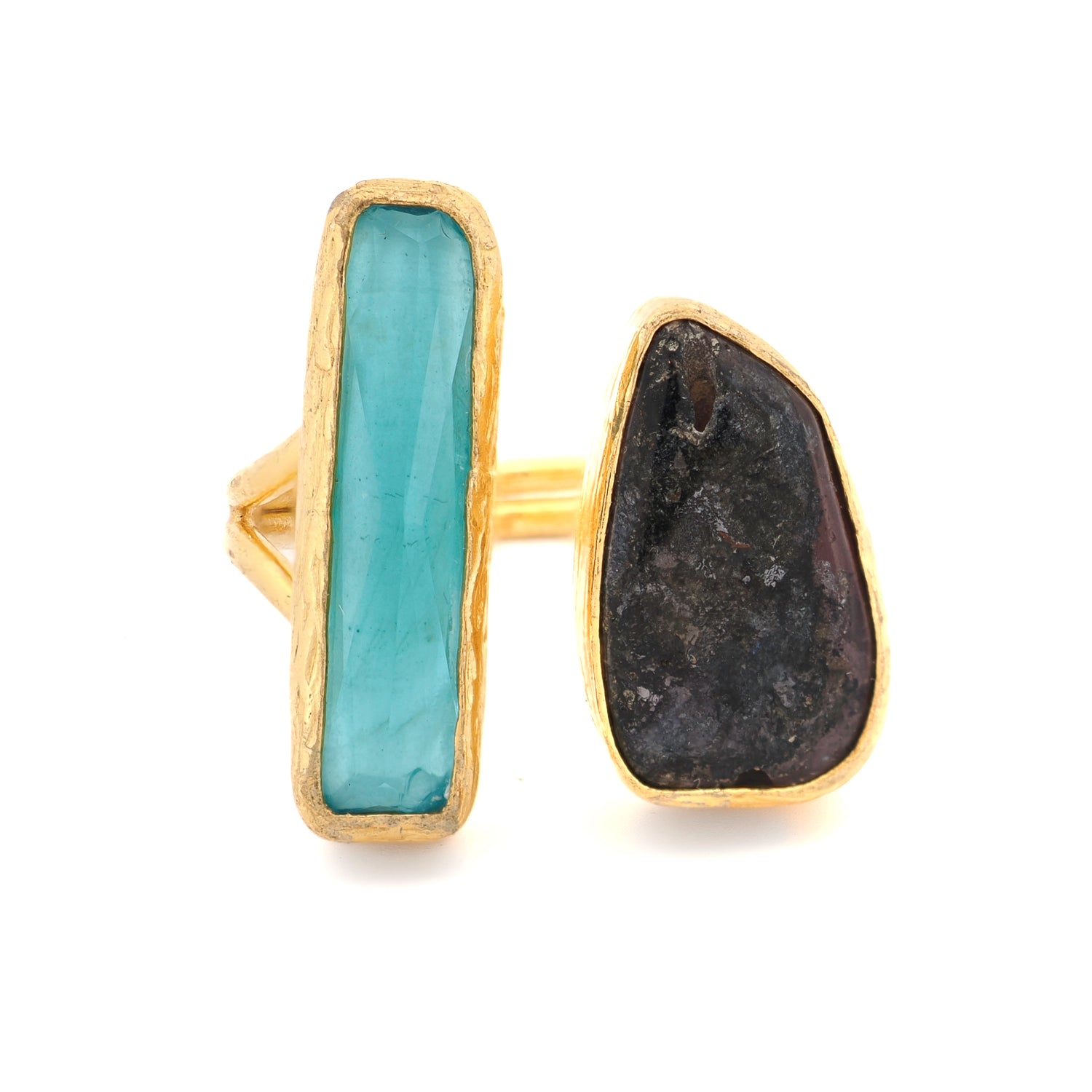 Inner Light amethyst and blue topaz adjustable gemstone ring on white background