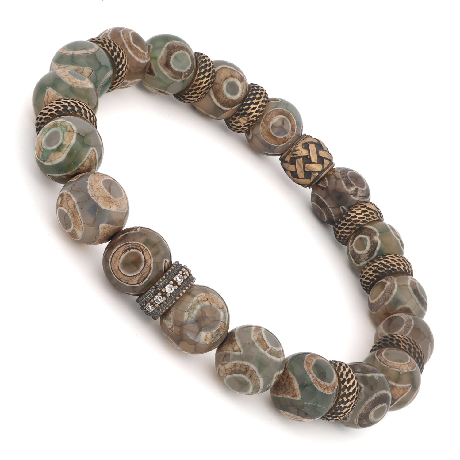 Inner focus bracelet with bronze charm and protective Nepal bead symbolism.