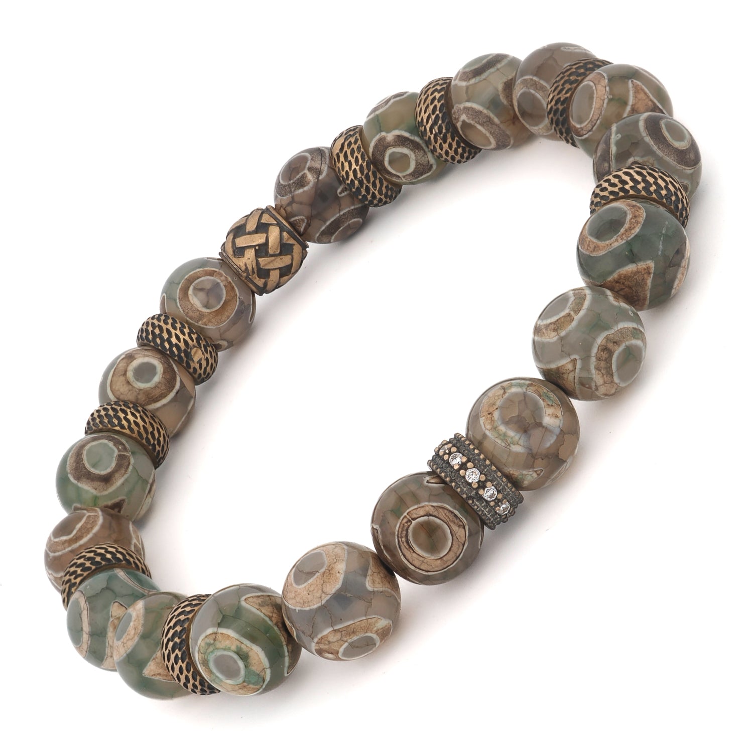 Handmade men’s bracelet with patterned Nepal beads and bronze spacers.