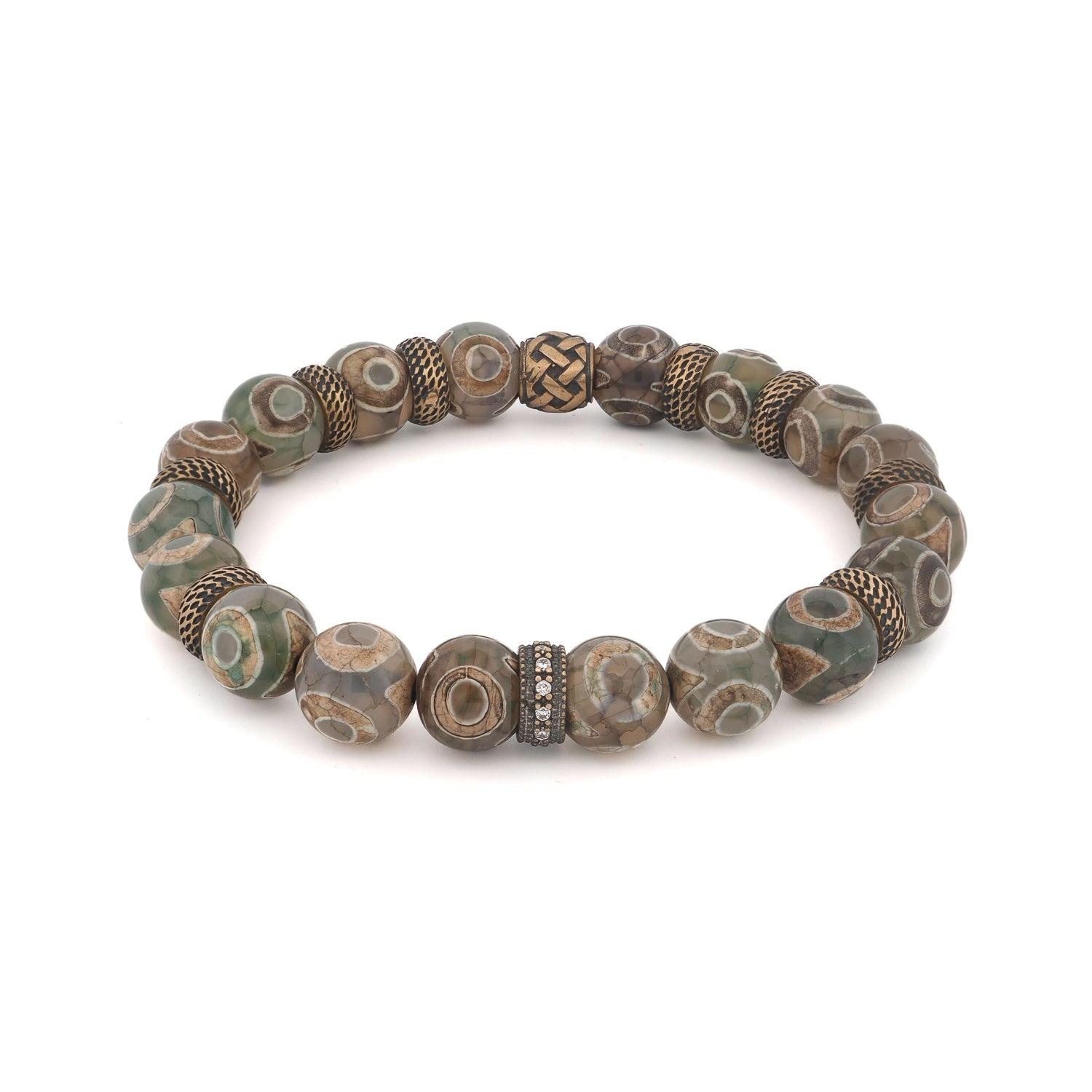 Bold spiritual bracelet with diamond-accented bead and earthy bronze tones.