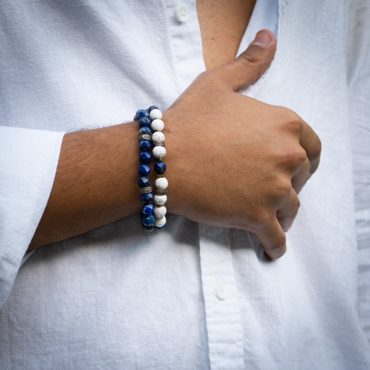 Dual gemstone bracelet stack with lapis and howlite, offering balance, strength, and spiritual focus.