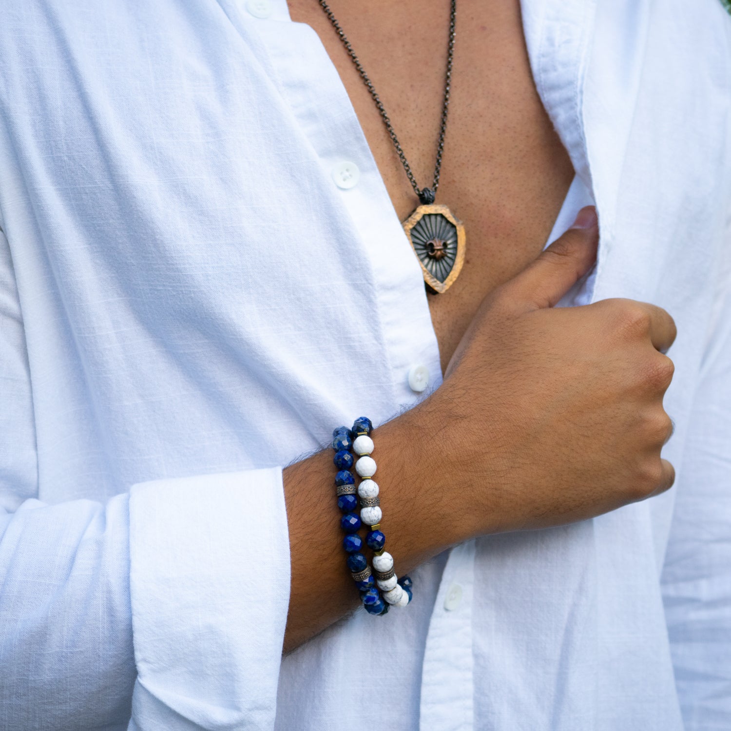 Inner Power bracelet set featuring calming white howlite and deep blue lapis lazuli stones.