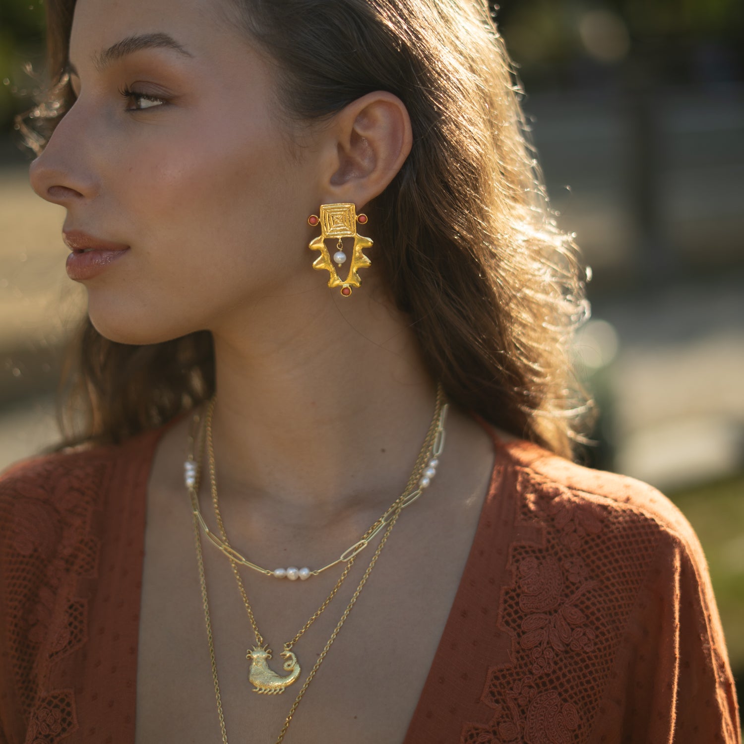 Isis Charm Coral & Pearl Earrings