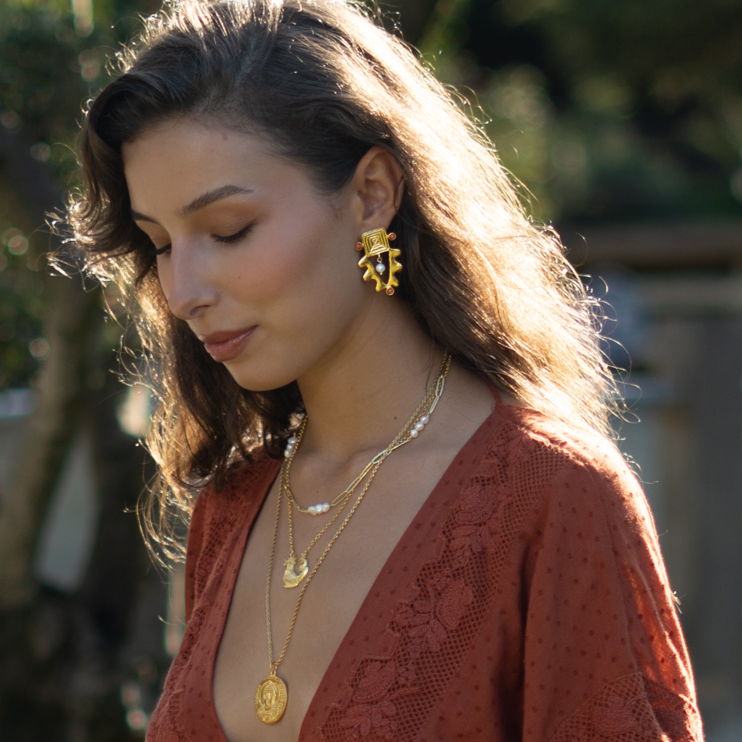 Isis Charm Coral & Pearl Earrings