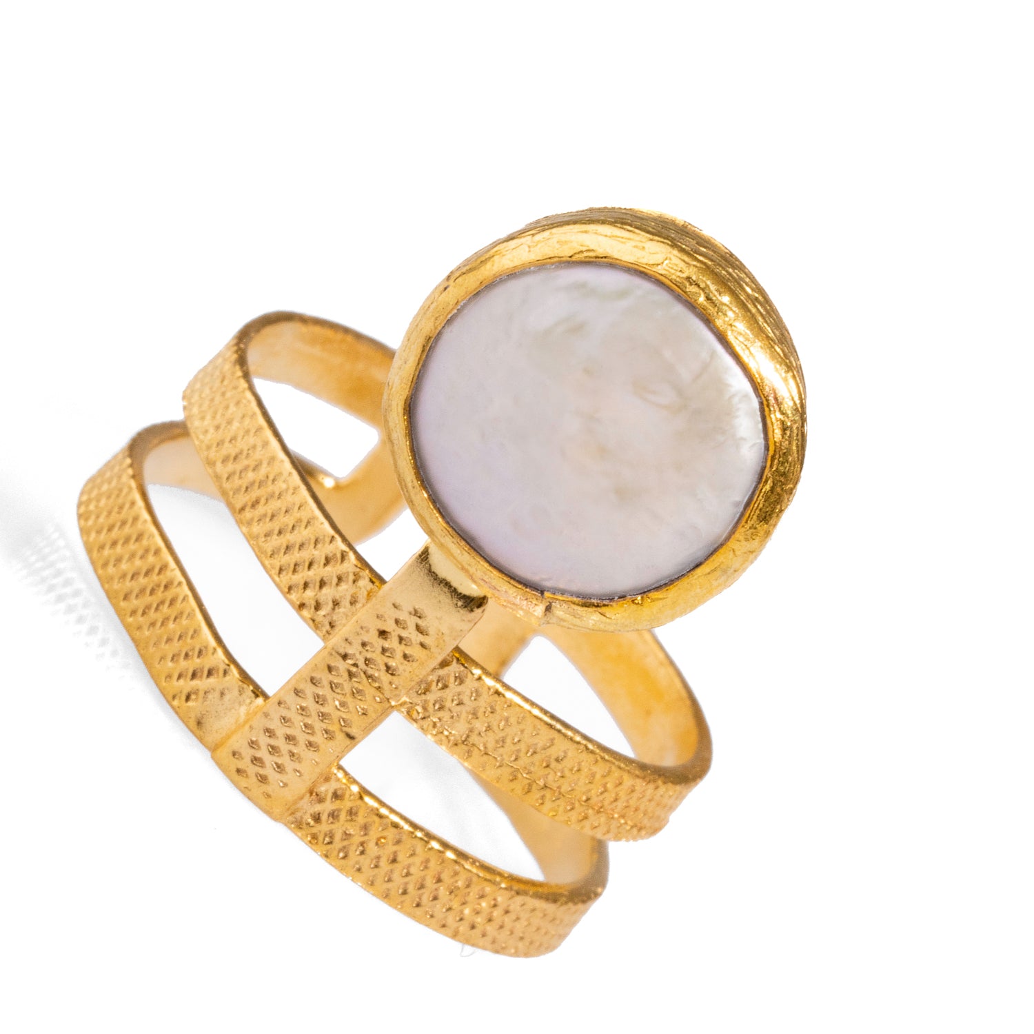 Pearl and Gold Isis-Inspired Mystic Ring with Double Band Design for Bold Style