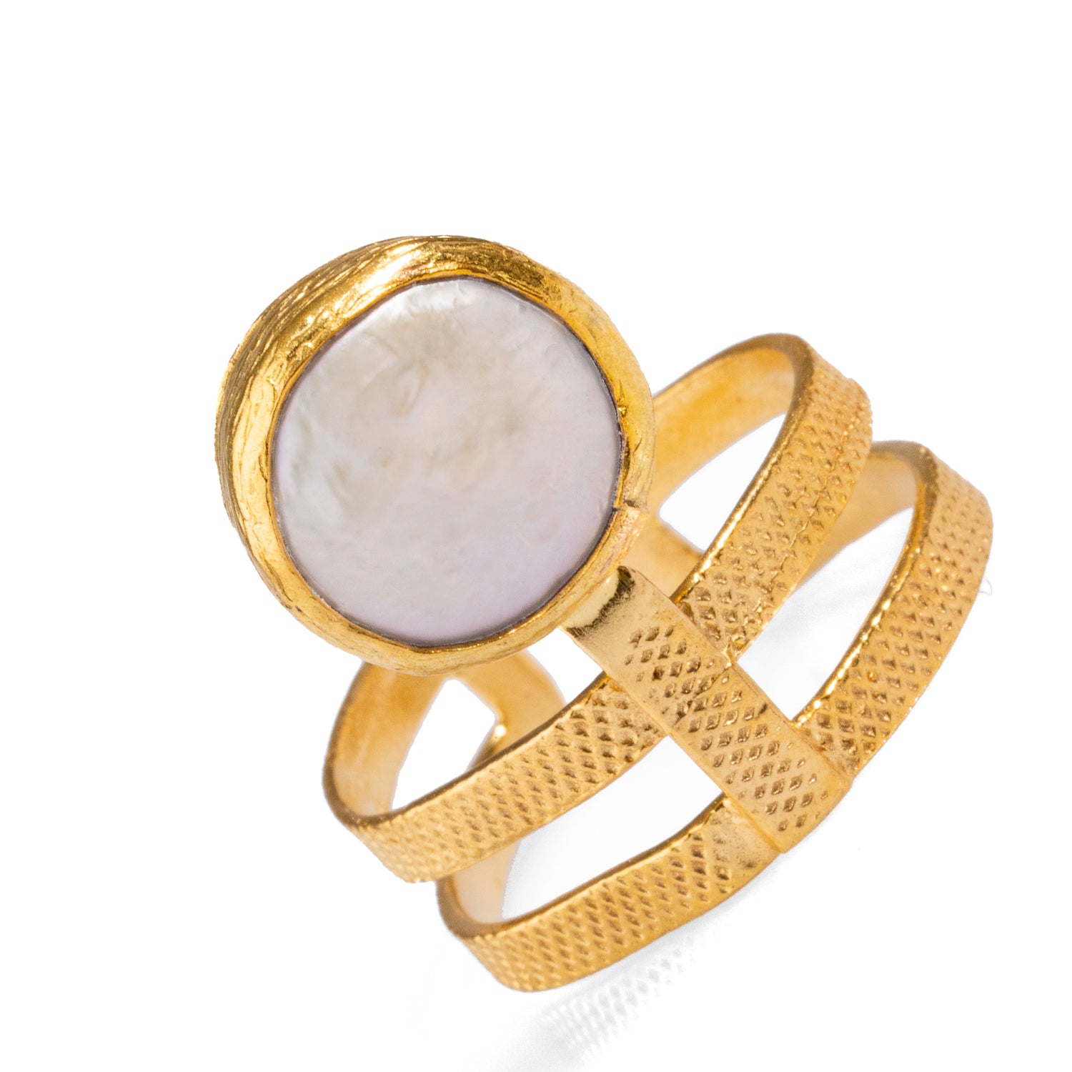 Handmade Isis Pearl and Gold Chunky Ring with Bold Design and Adjustable Size
