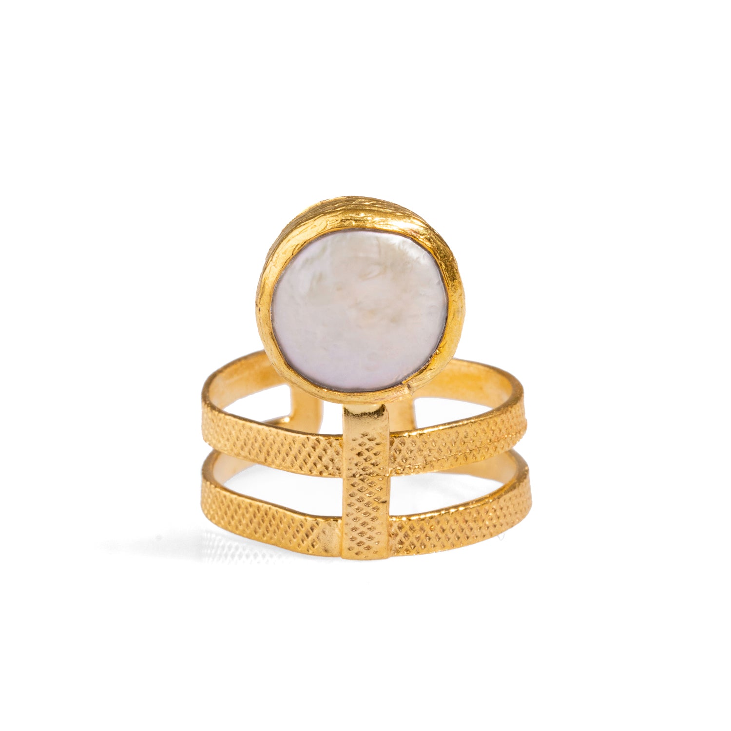 Mystic Pearl and Gold Adjustable Chunky Ring with Unique Double Band Design