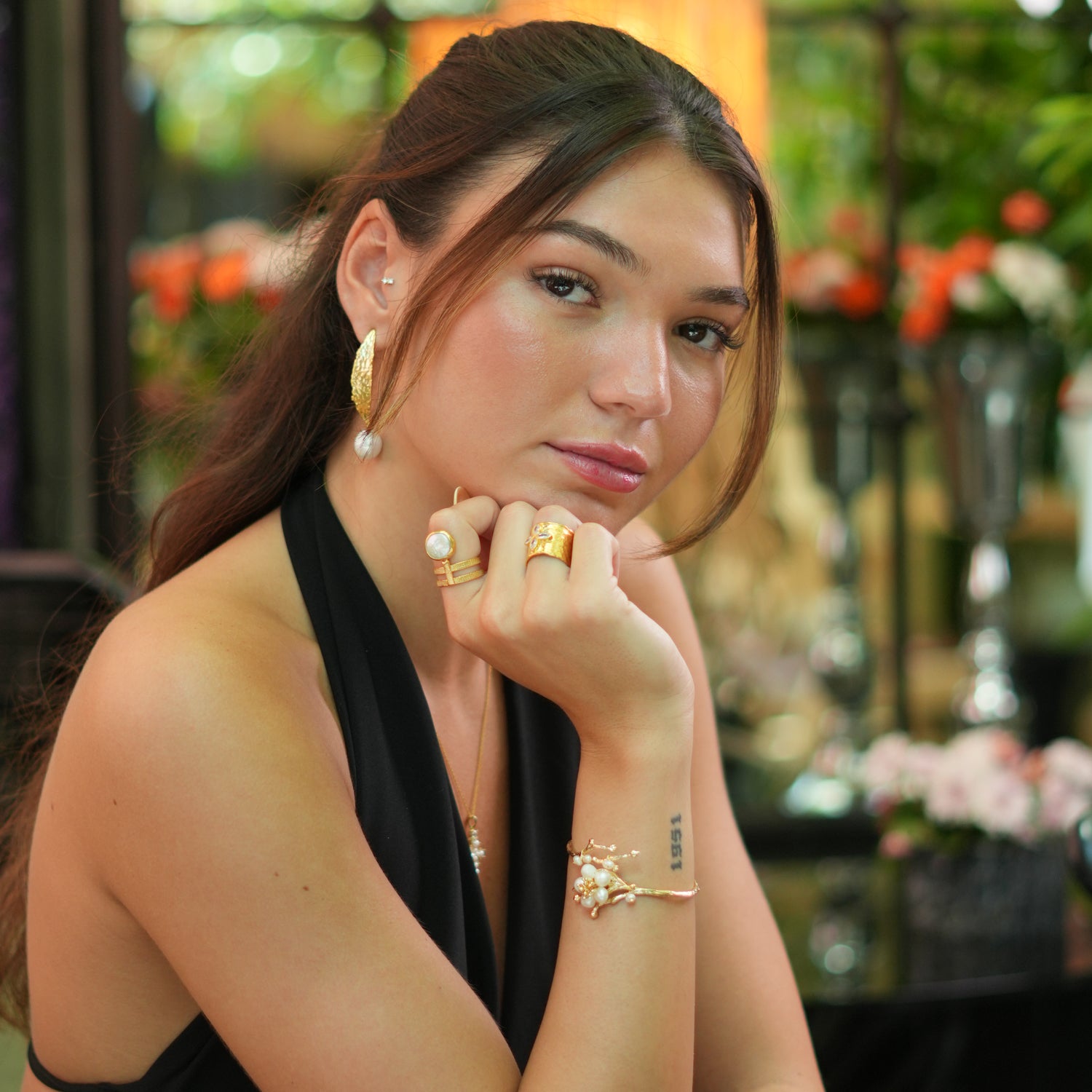 Isis-Inspired Pearl and Gold Chunky Ring with Double Band Design for a Bold Look
