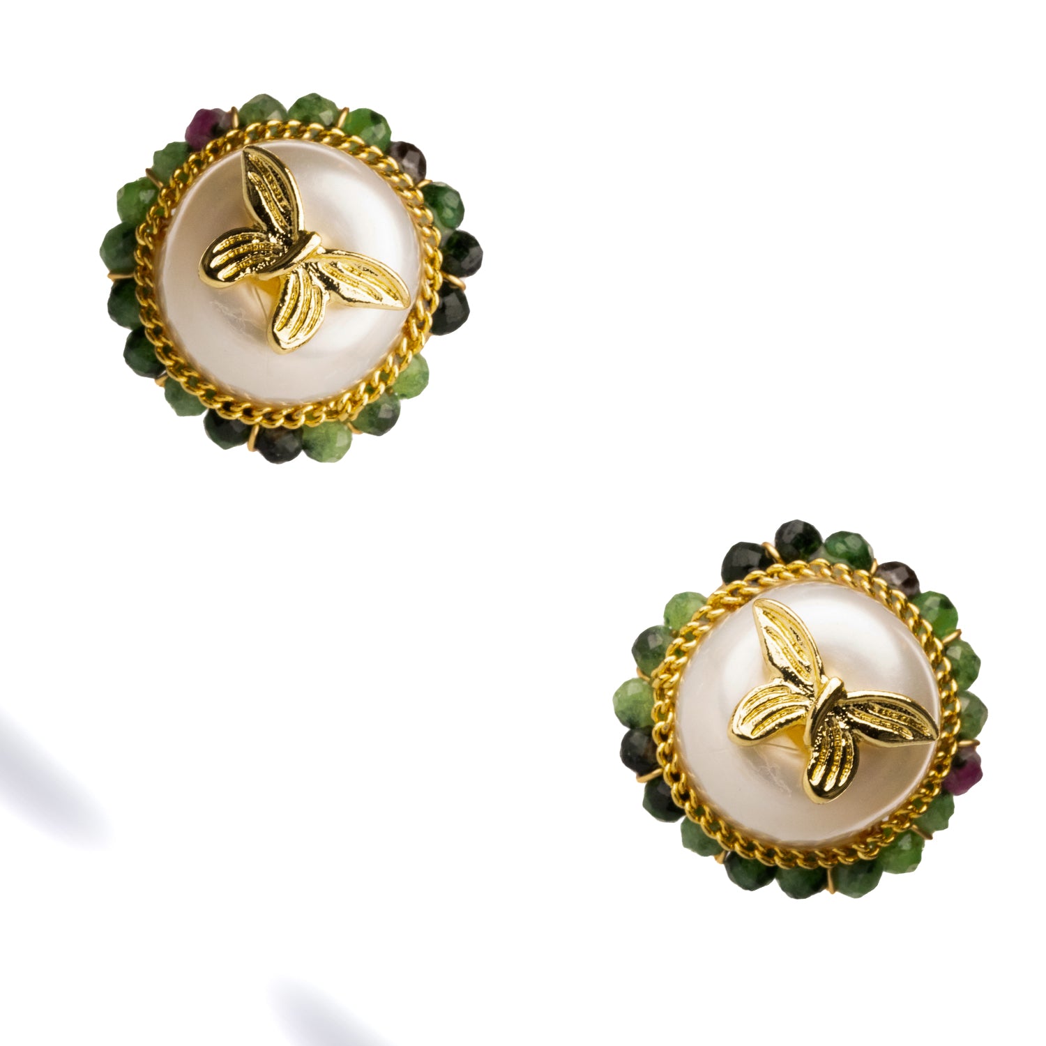 18K Gold Butterfly Stud Earrings with Lustrous Pearl and Green Jade for Timeless Beauty