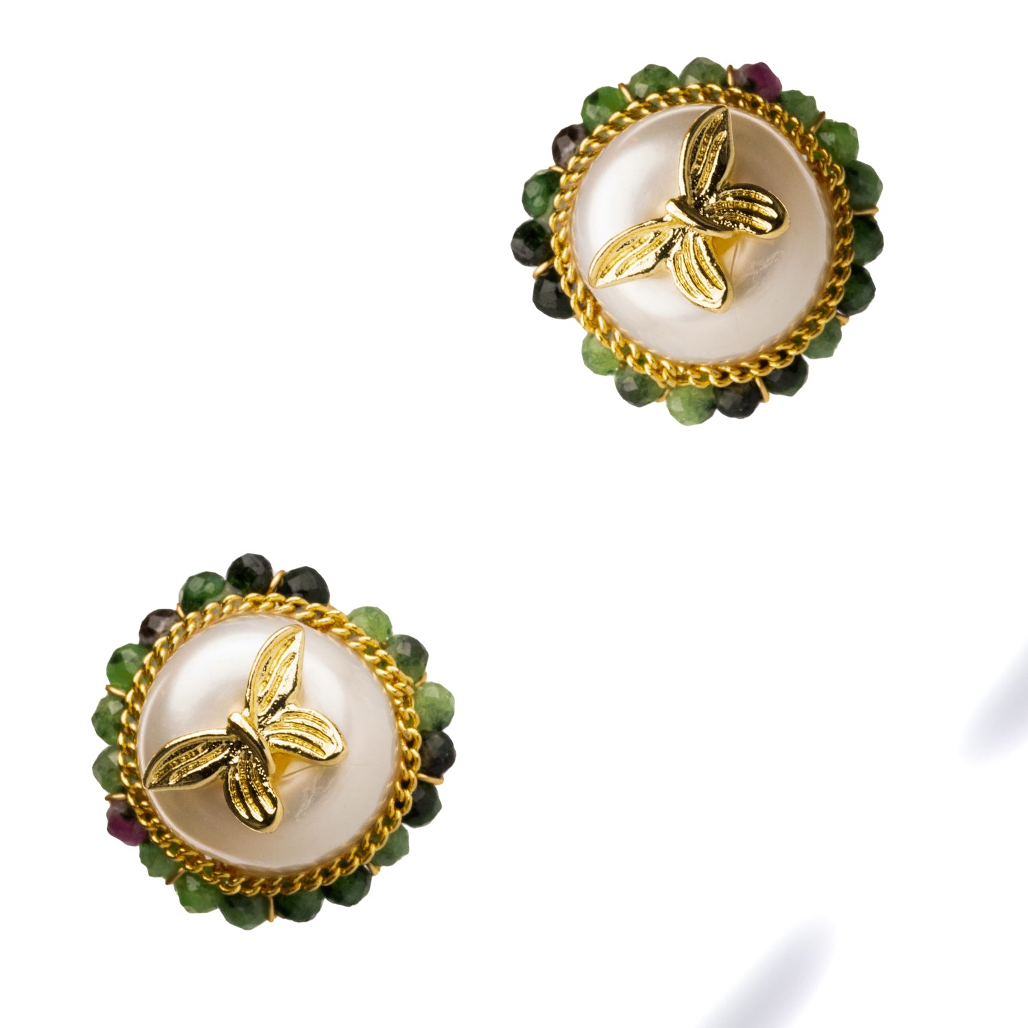 Handmade Pearl and Jade Stud Earrings with Gold Butterfly for a Luxurious Touch