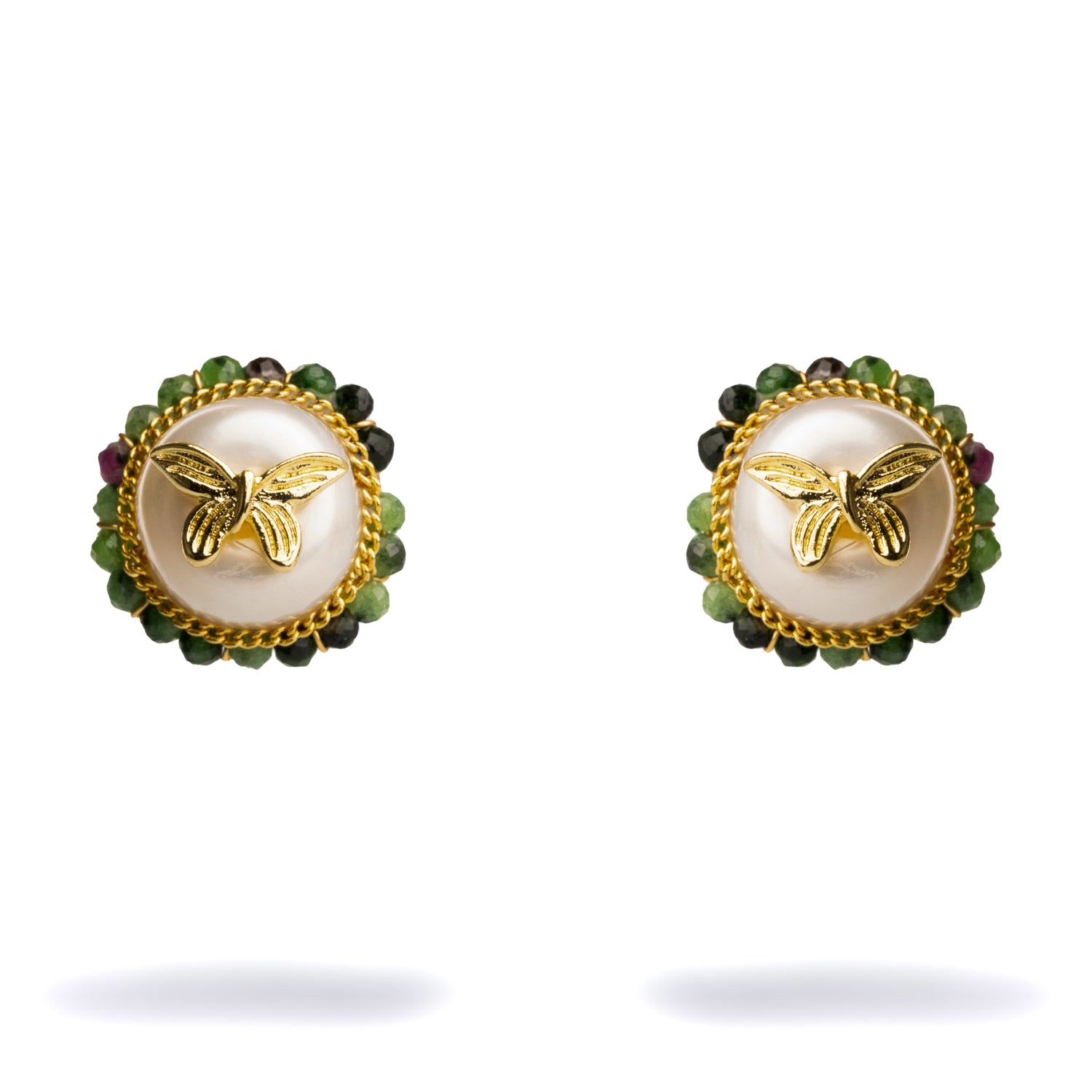 Lustrous Pearl and Green Jade Stud Earrings with Gold Butterfly for Timeless Sophistication