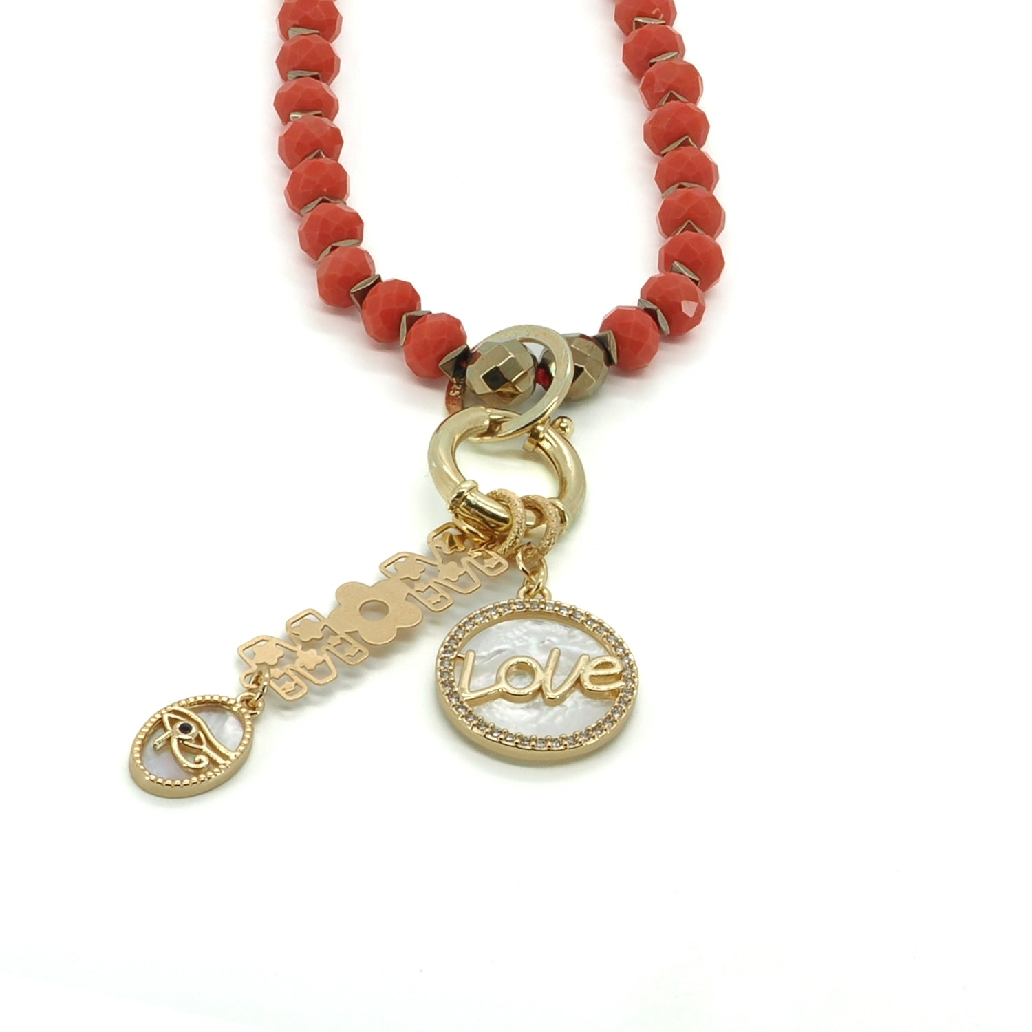 Gold Hematite and Crystal Beaded Necklace with Filigree Mom Pendant and CZ Diamond LOVE Inscription for Moms