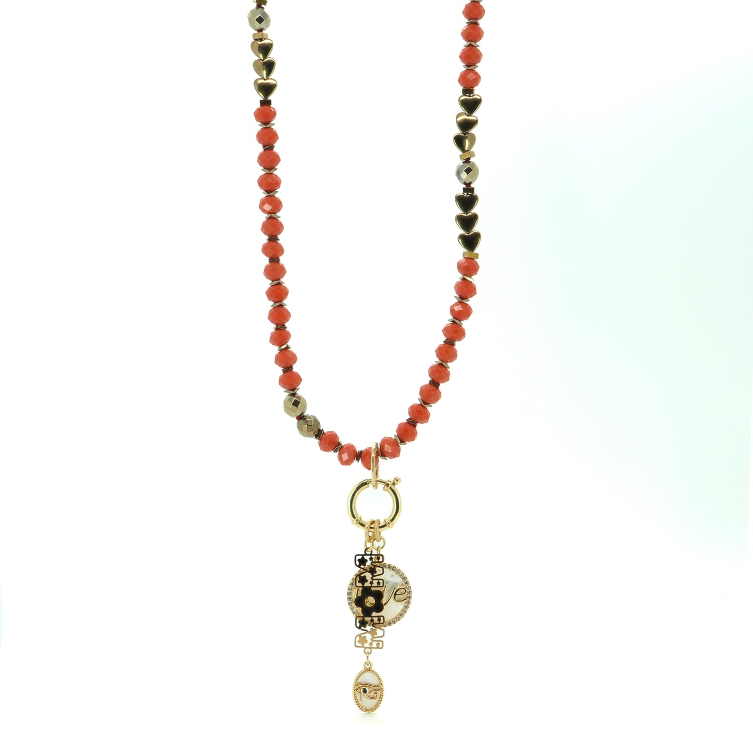 Heartfelt Journey of Love Necklace with CZ Diamond LOVE Pendant, Pearl, and Eye of Ra Charm for Mother's Day Gift