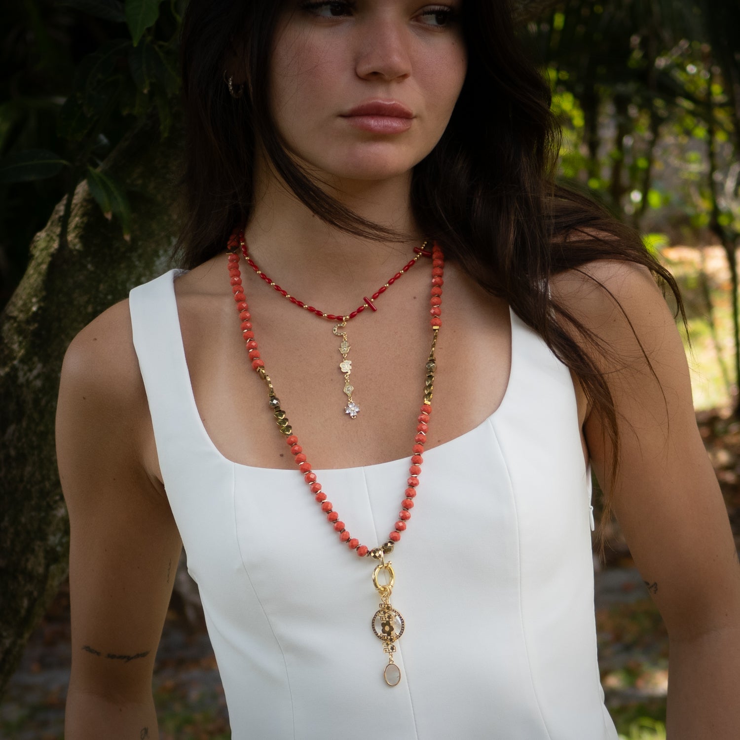 Gold Hematite and Orange Crystal Beaded Necklace with Filigree Mom Pendant and CZ Diamond LOVE Pendant for Moms