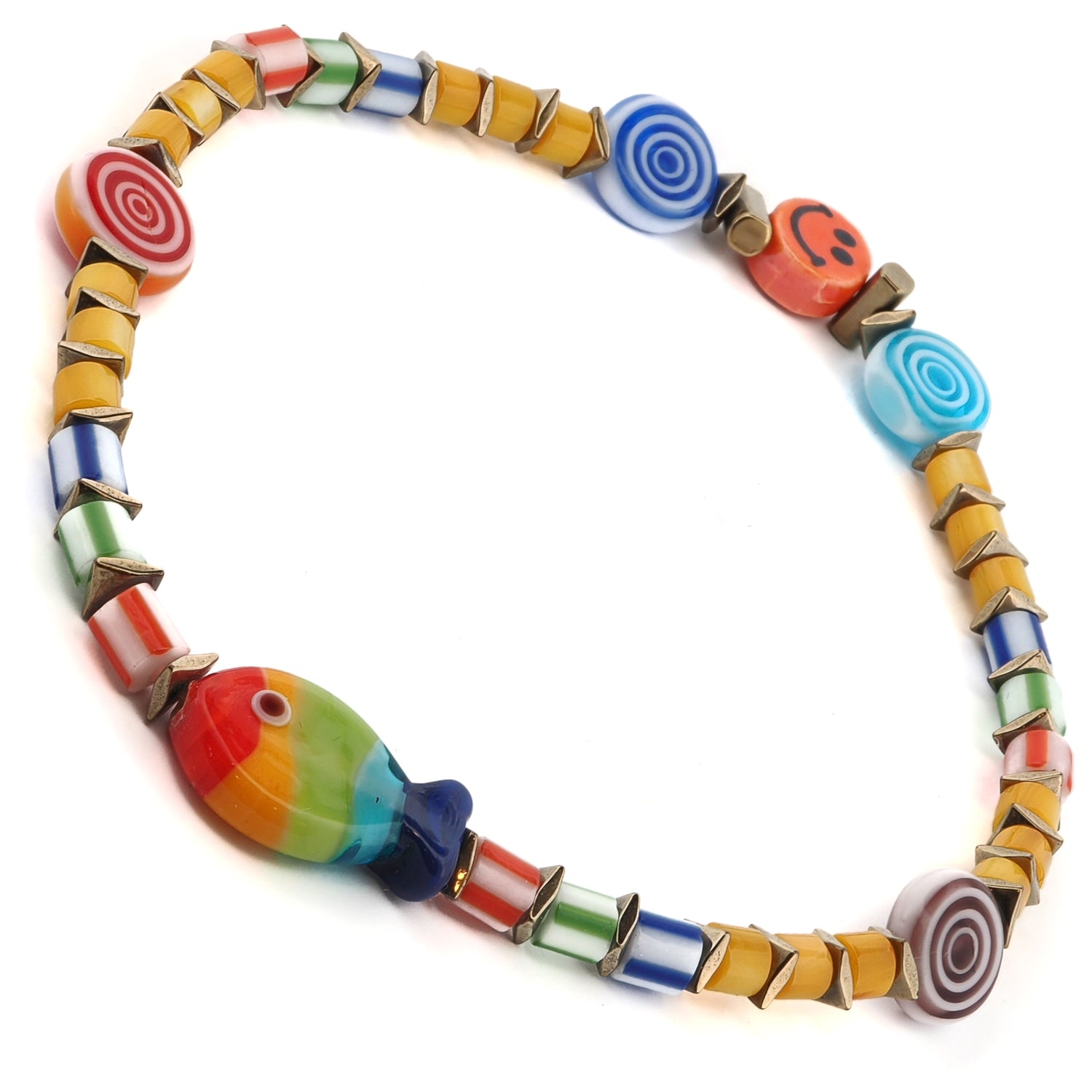 Joyful summer anklet featuring rainbow fish and yellow pearl-style beads.