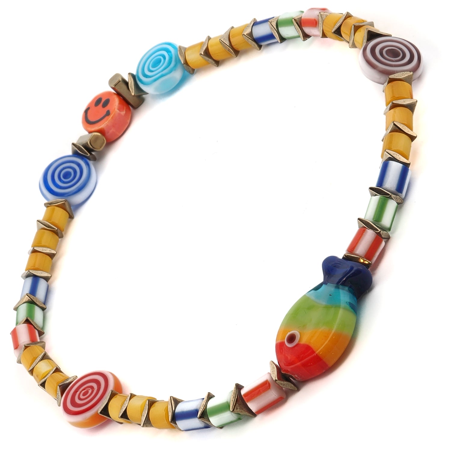 Close-up of ceramic rainbow fish anklet with gold hematite spacers.