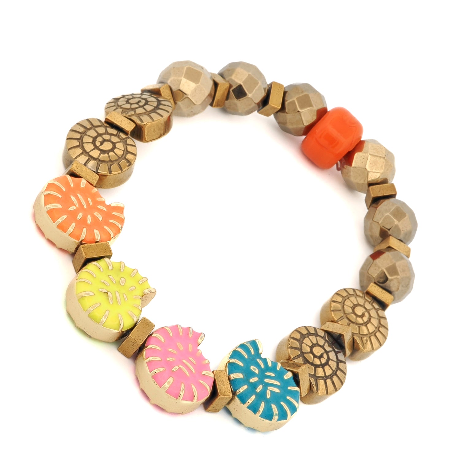Close-up of pastel enamel shell beads paired with gold hematite for a beach-inspired look