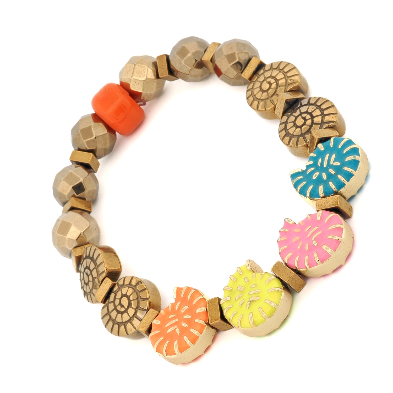 Boho-style bracelet featuring enamel seashells and golden hematite stones