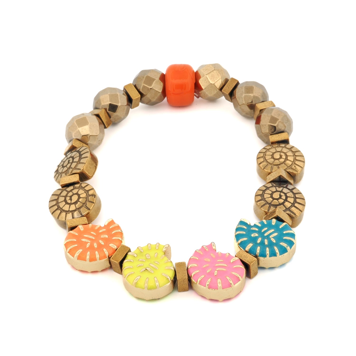 Joyful Sea Shell colorful beaded bracelet with pastel enamel and gold hematite beads on white background