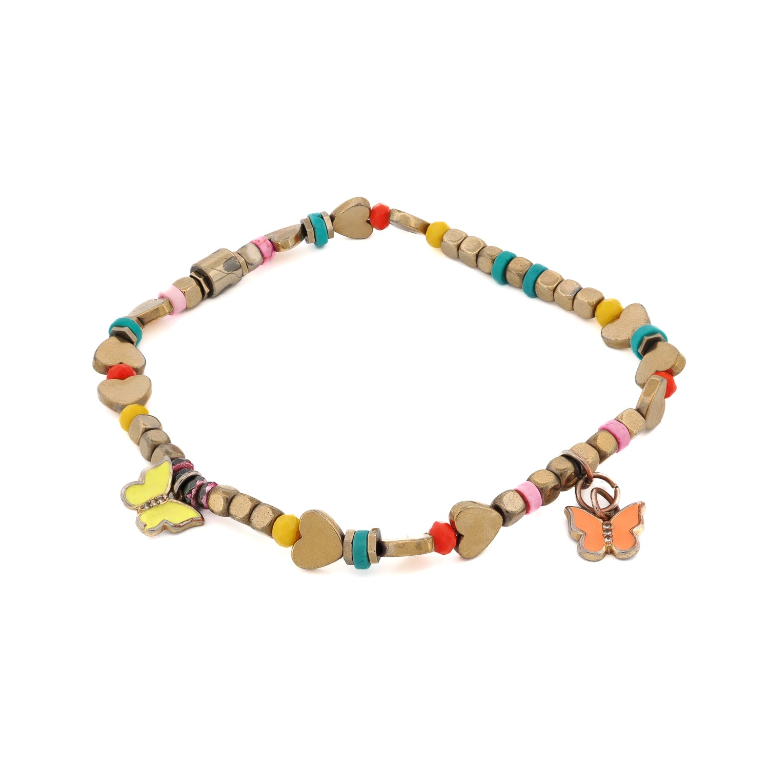 Handmade gold anklet with yellow and orange butterfly charms and heart beads.