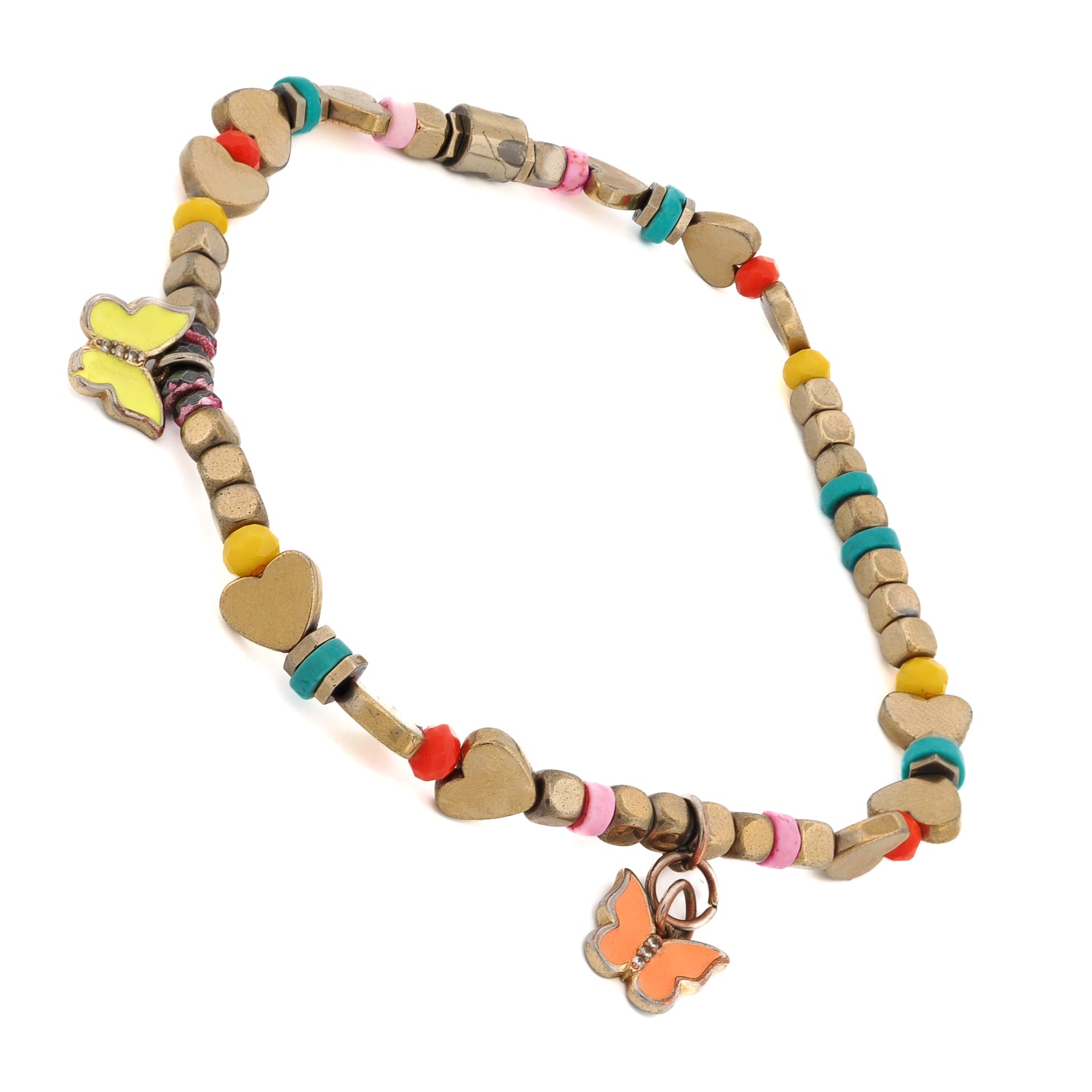 Joyful butterfly anklet with crystal, turquoise, and gold-tone heart accents.