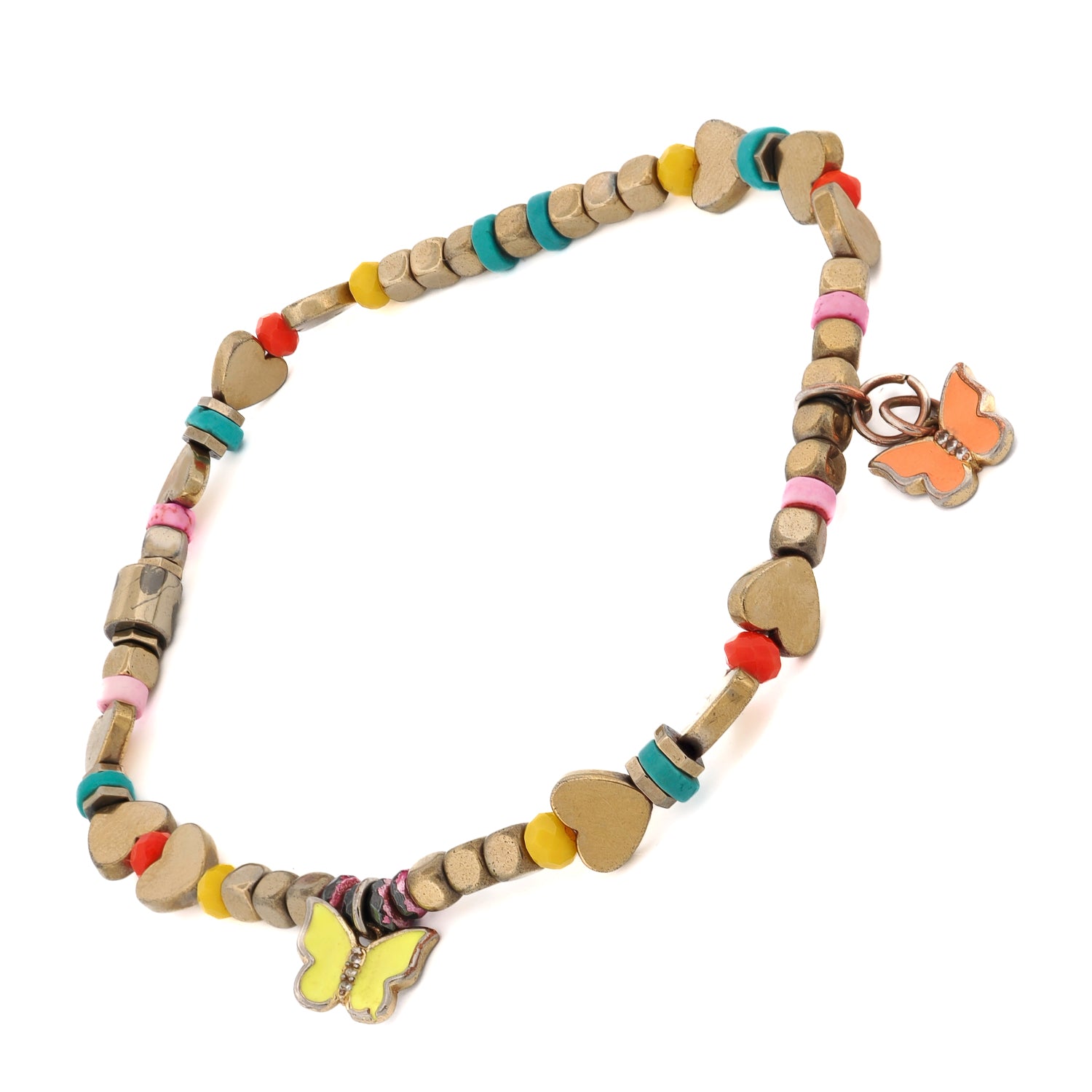 Stretchy anklet with cheerful butterflies, turquoise, and colorful crystals.