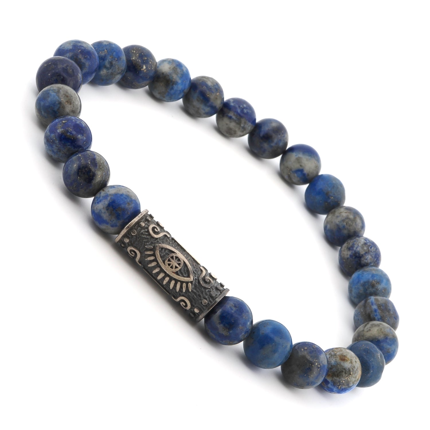 Stretchy 7.5-inch lapis lazuli bracelet with a sterling silver Evil Eye charm for spiritual growth and self-expression.