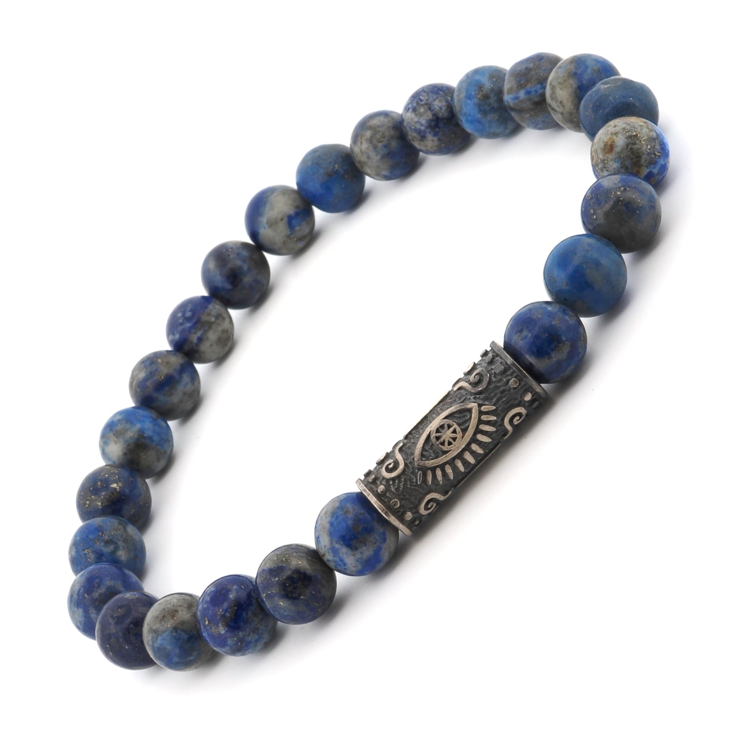 Unique handmade bracelet with natural lapis lazuli stones and a sterling silver Evil Eye bead for protection and awareness.