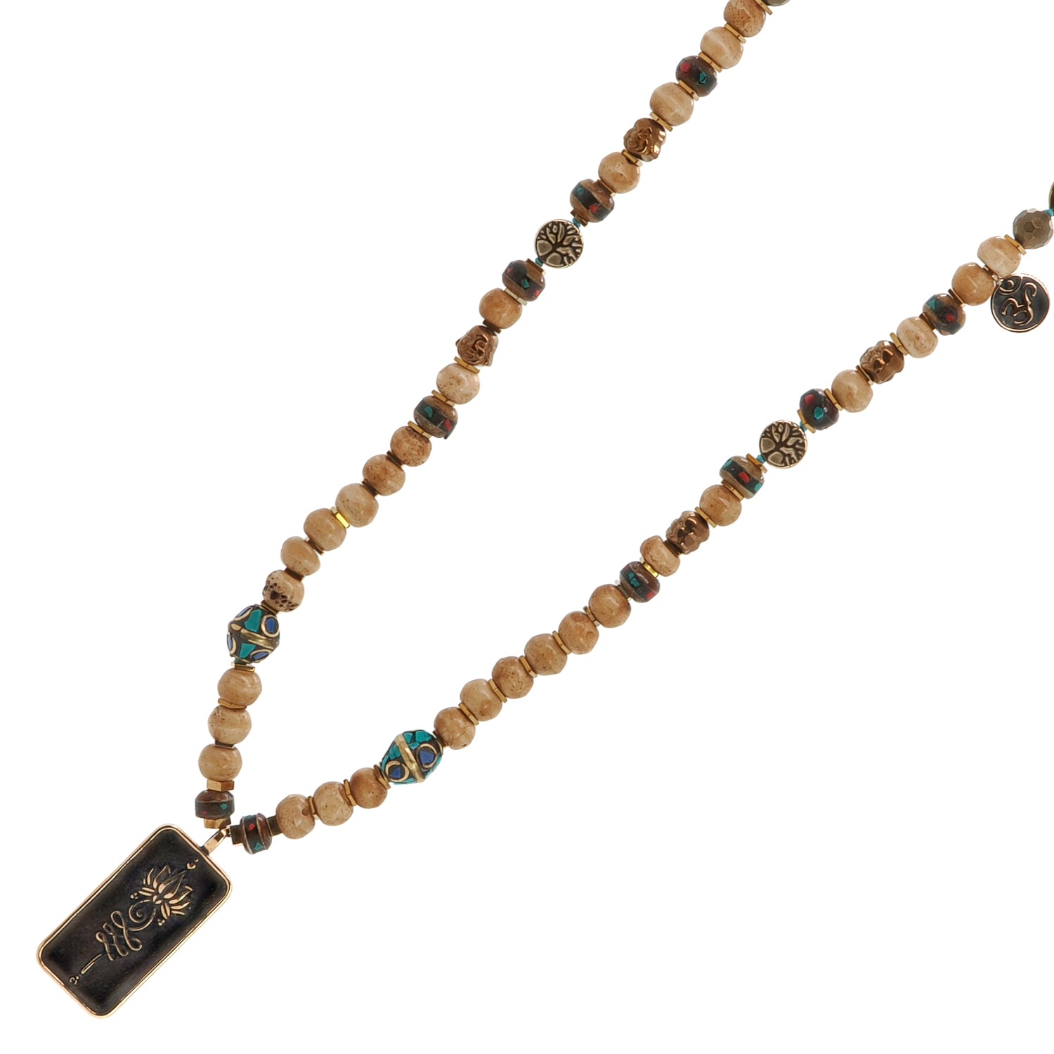 Bohemian Necklace with Gold Hematite and Bronze Healing Charms, Featuring Lotus Pendant and Affirmation