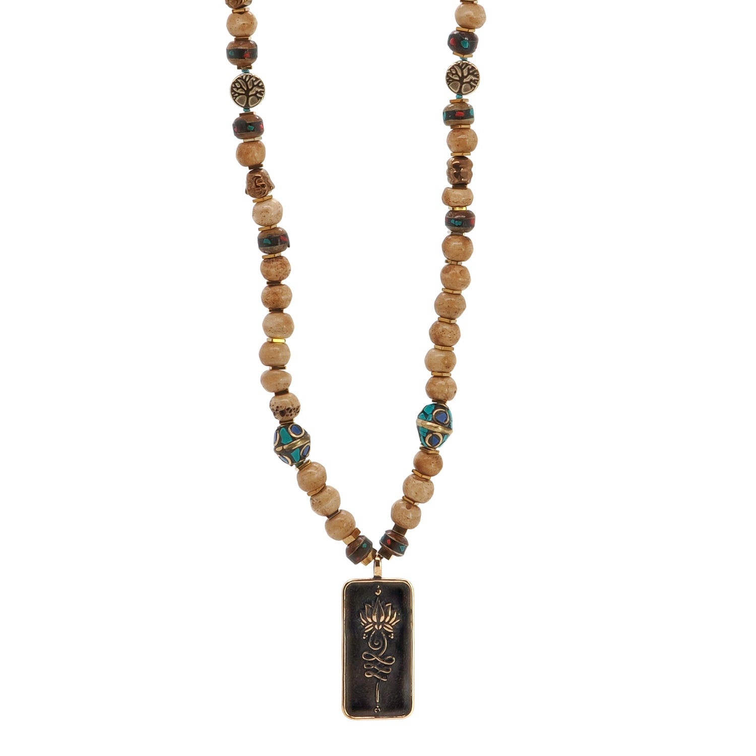 Lotus Pendant Necklace with Healing Charms, Nepal Beads, and Inspirational Affirmation for Transformation
