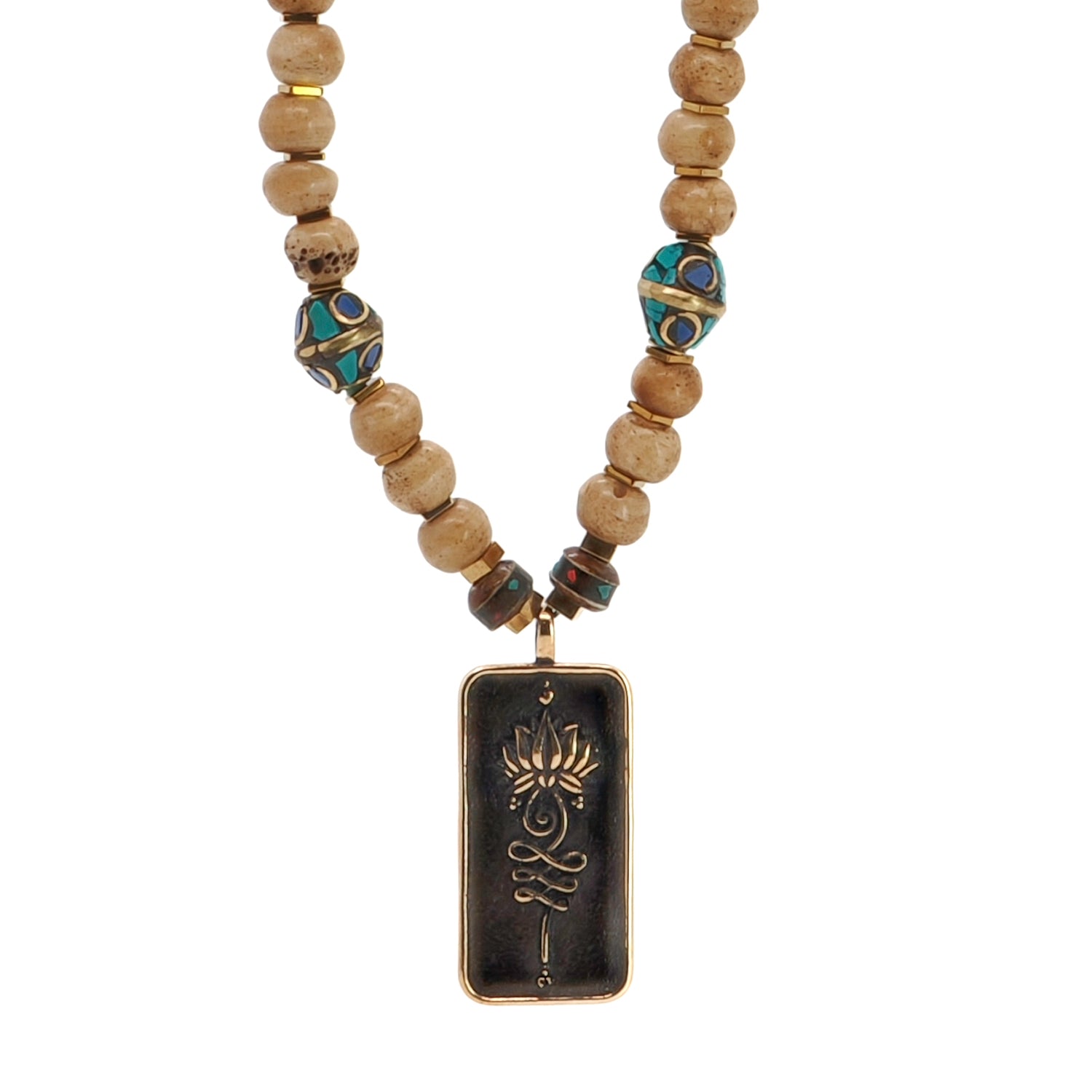 Handmade Bohemian Necklace with Lotus Flower Pendant and Nepal Meditation Beads for Spiritual Growth