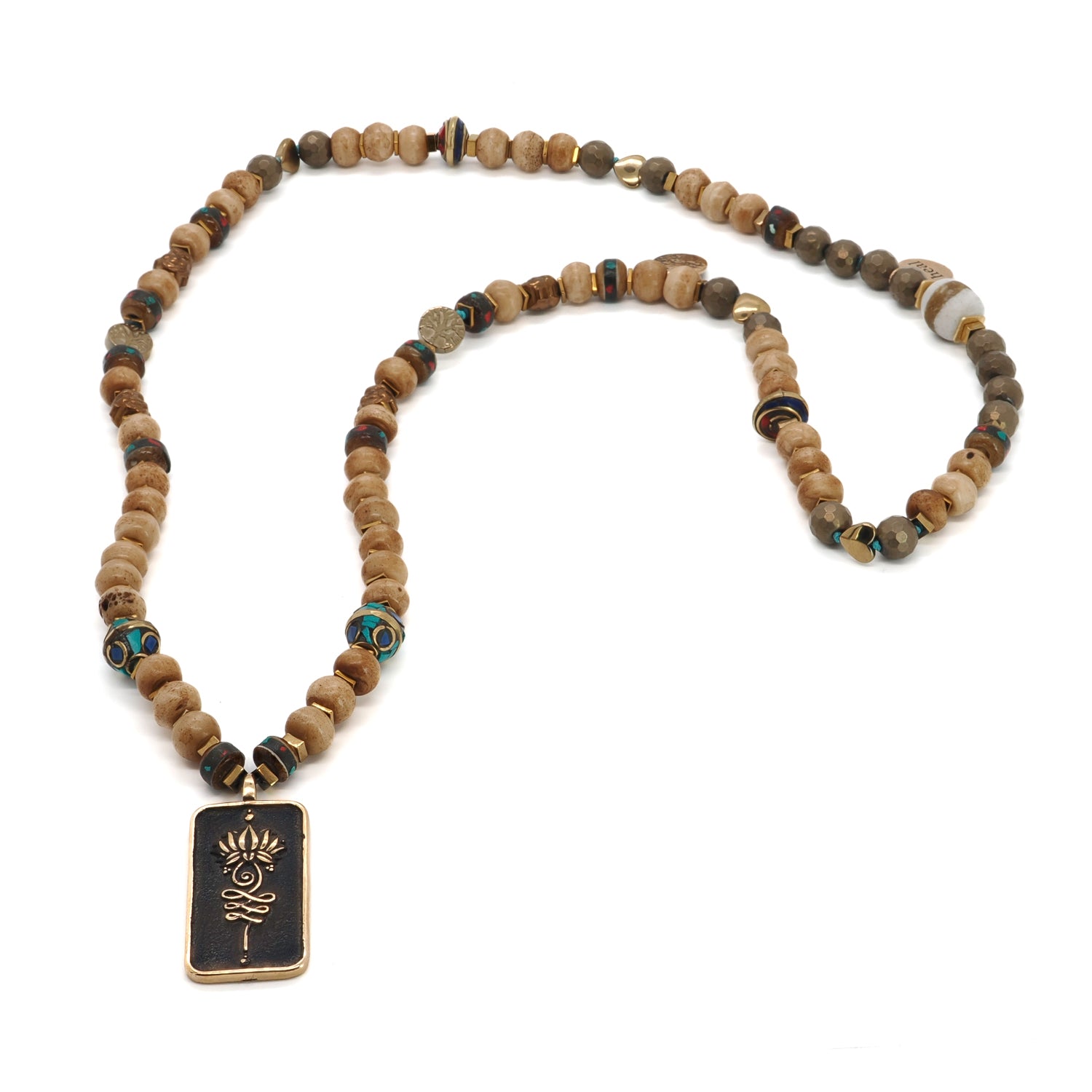 Lotus Flower Pendant Necklace with Nepal Beads and Gold Hematite Charms for Inner Peace and Wisdom