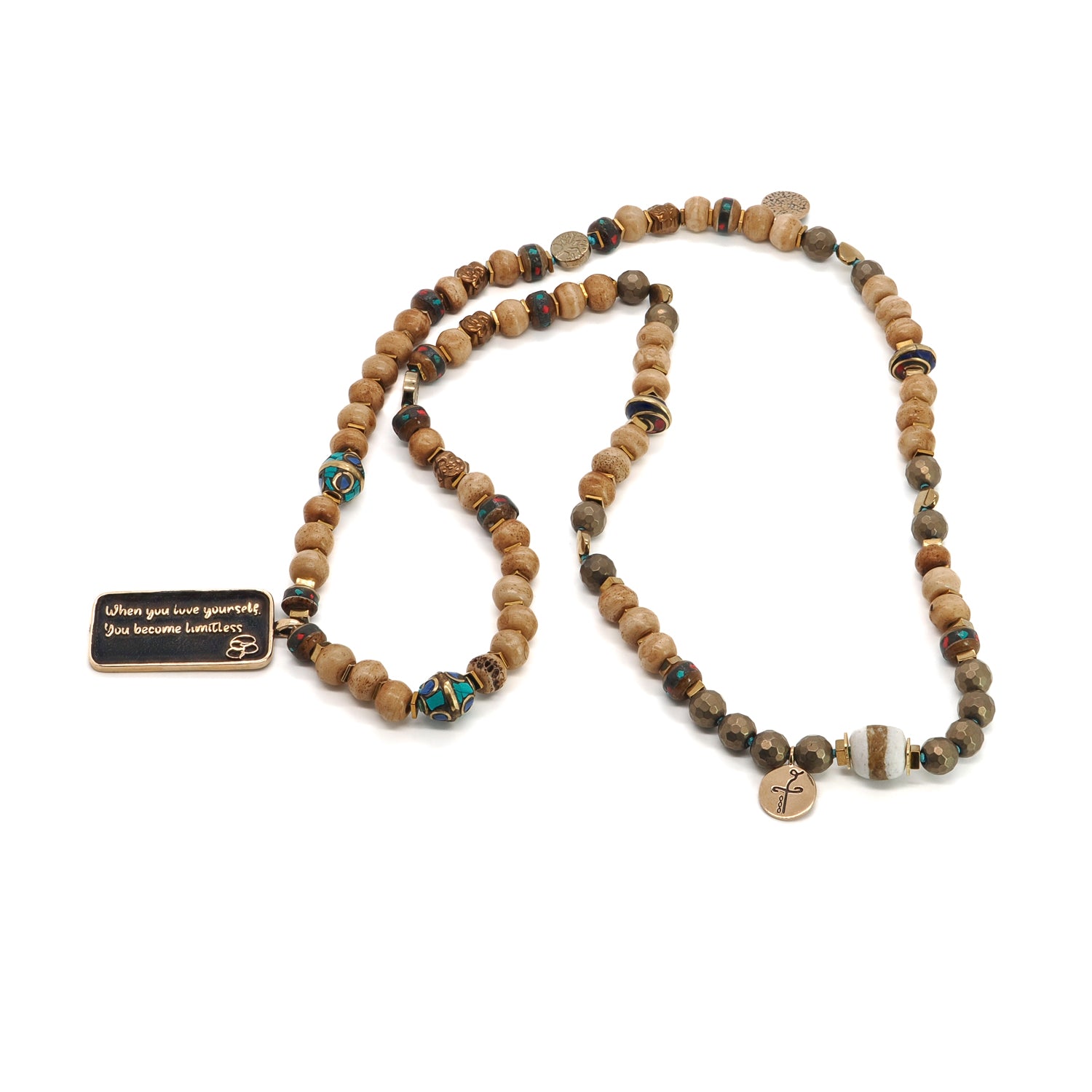Unique Nepal Meditation Beads Necklace with Lotus Flower Pendant and Spiritual Healing Charms
