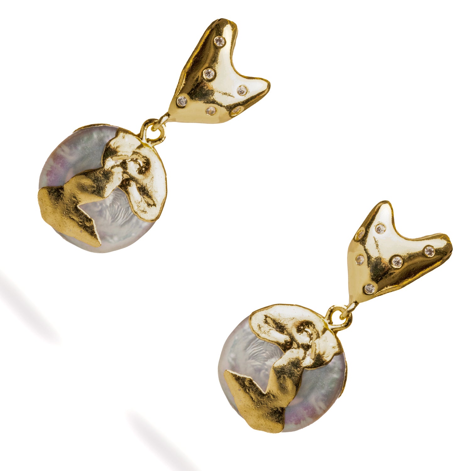 24K Gold Melted Heart Stud Earrings with Flowing Pearl Drop for Sophisticated Glam