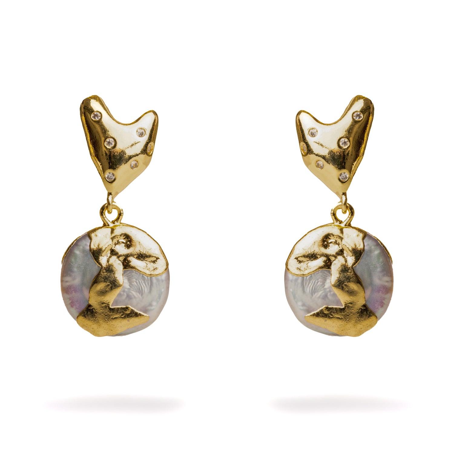 Luxury 24K Gold Heart Stud Earrings with Artistic Melted Design and Pearl Drop