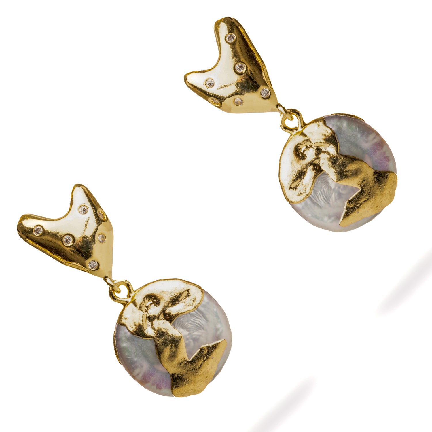 Handmade 24K Gold Heart Earrings with Artistic Pearl Drop for Sophisticated Glam