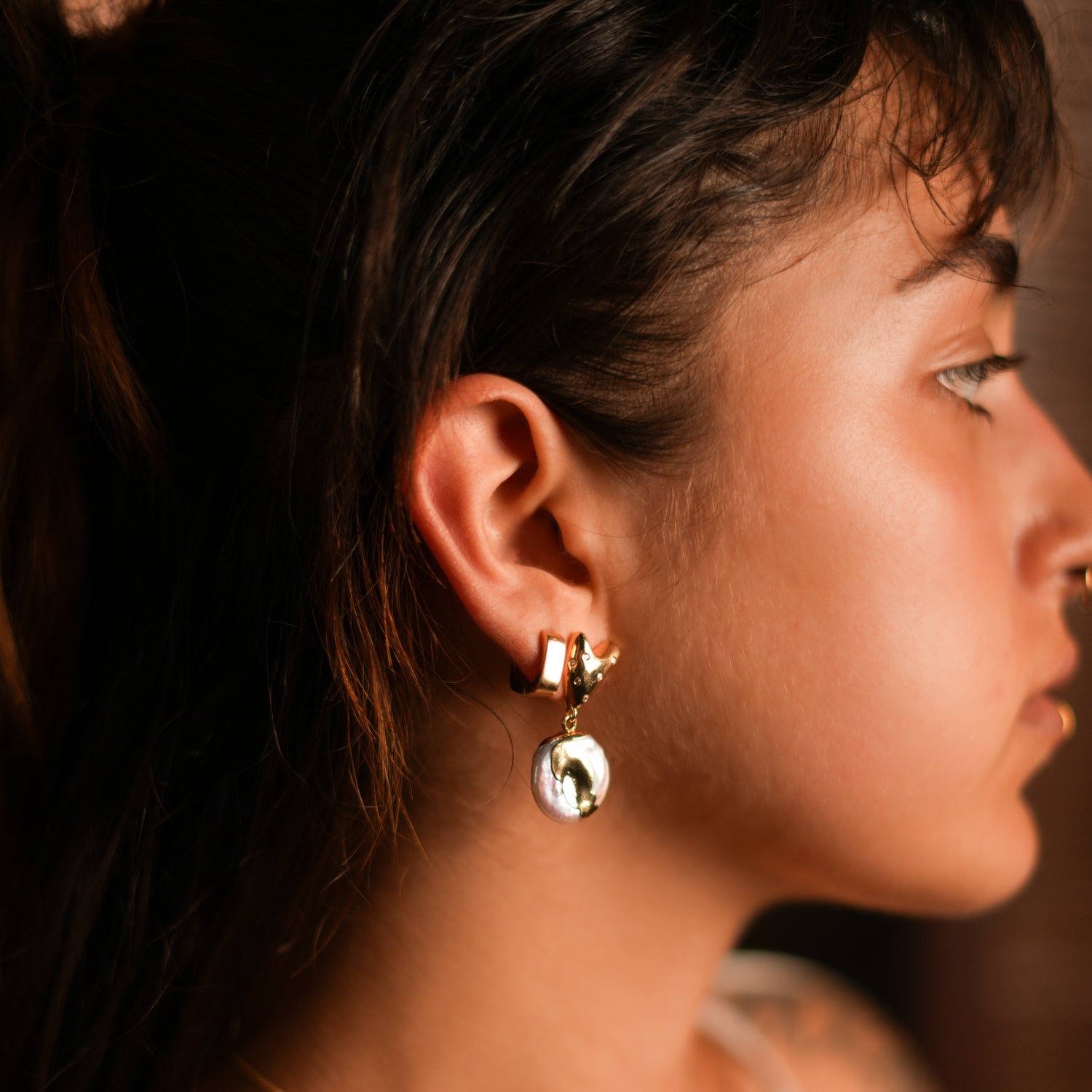 Unique 24K Gold Heart Stud Earrings with Flowing Pearl Drop for Everyday Elegance