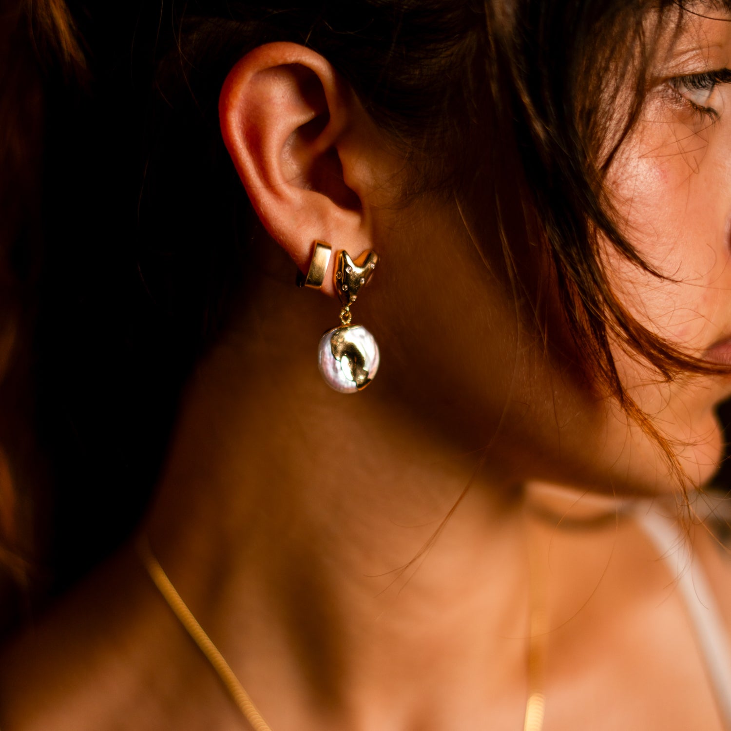 Pearl Drop Earrings with 24K Gold-Plated Melted Heart for a Unique, Romantic Look