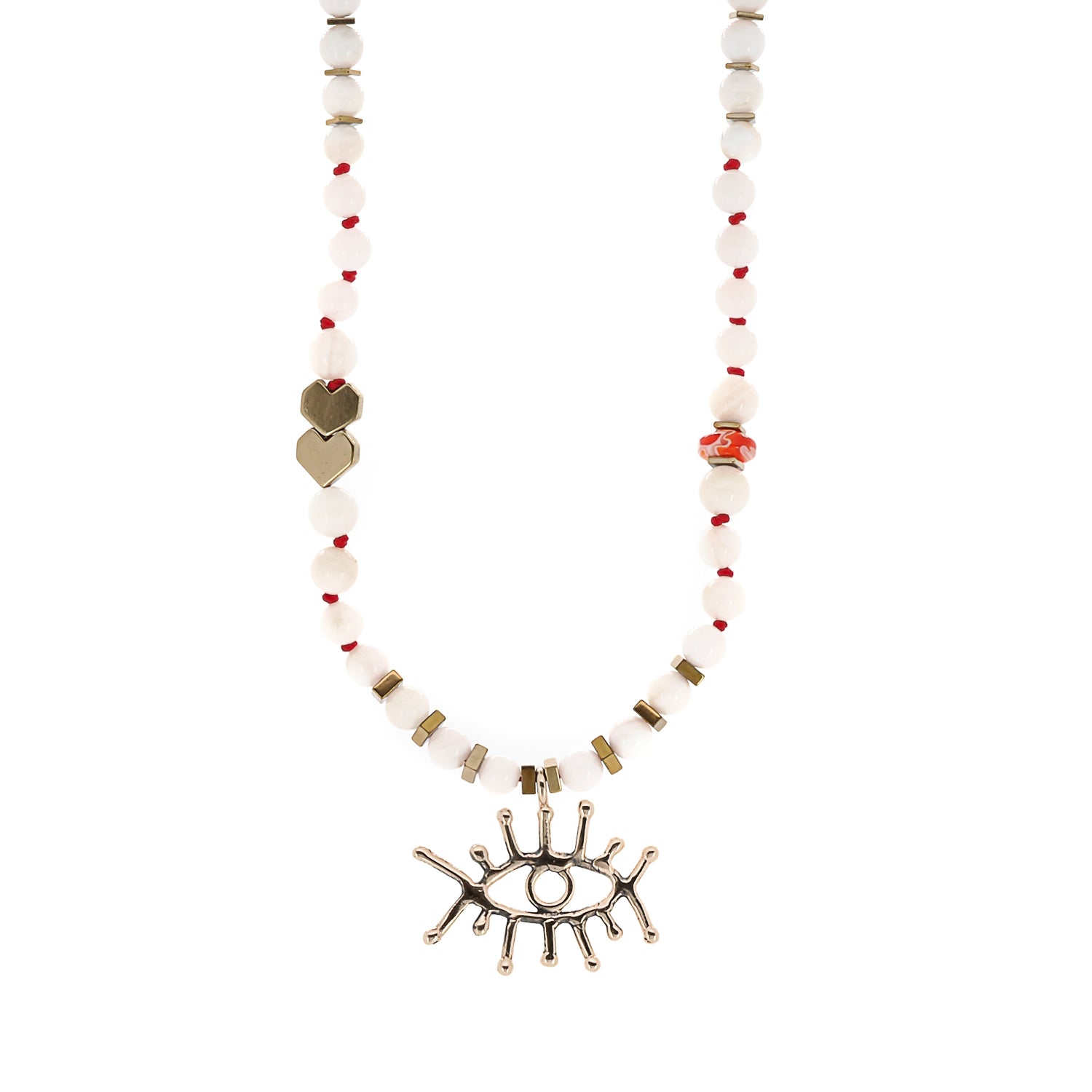 Experience the captivating beauty of the Love Guardian Choker Necklace, featuring a bronze evil eye pendant and gold-colored hematite heart beads.