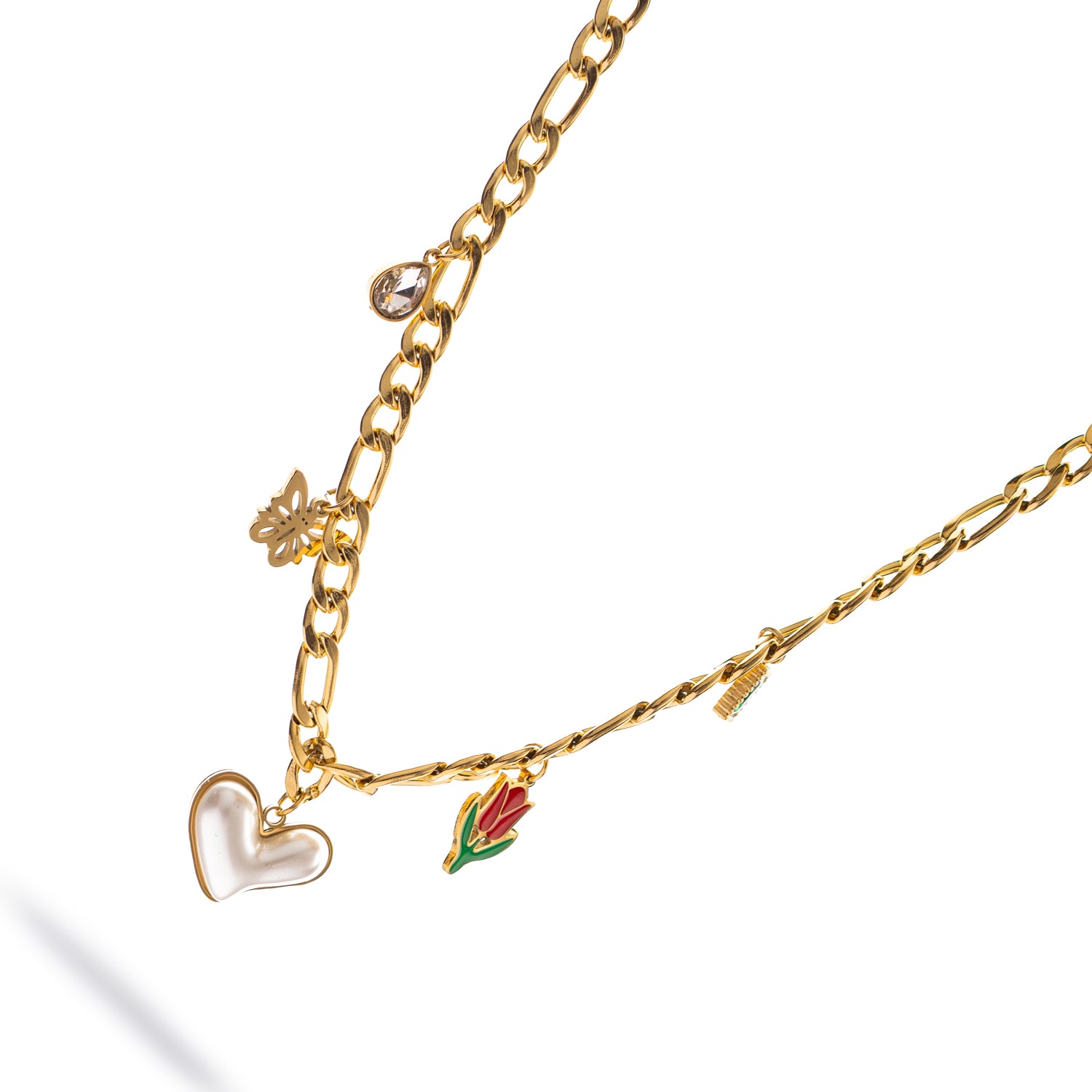 Adjustable charm necklace with floral and heart symbols on gold chain, handmade for modern women