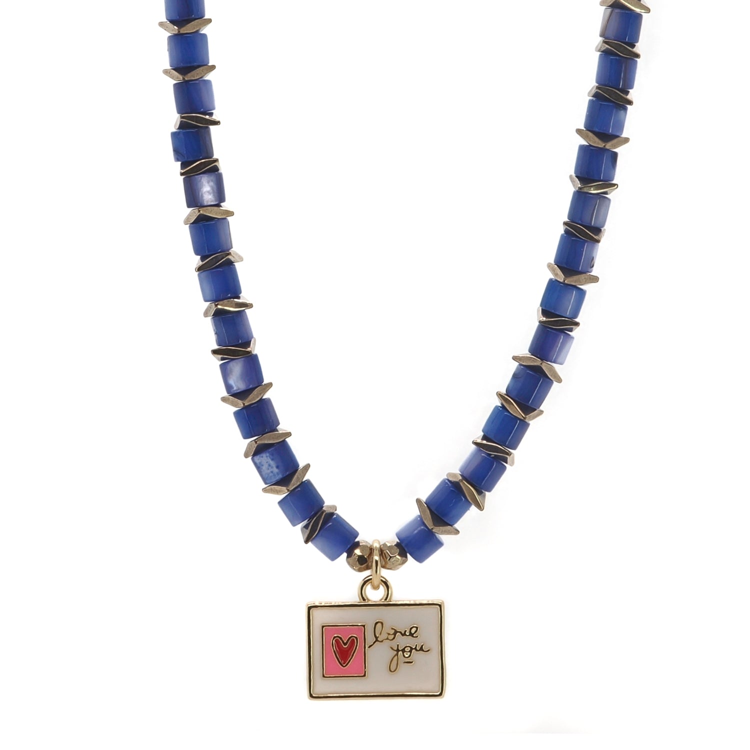 Handmade love-themed choker necklace with gold hematite and colorful seed beads.