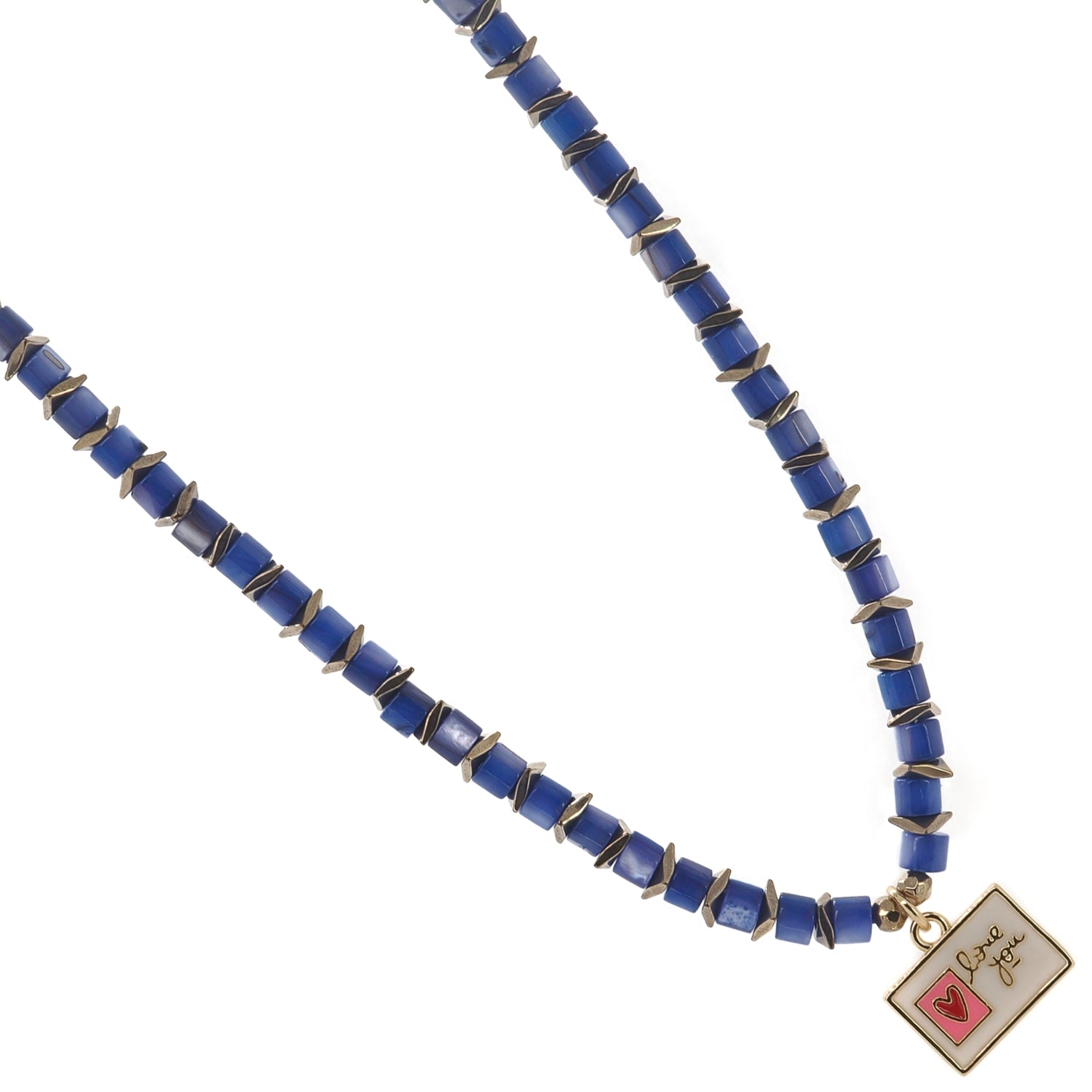 Elegant blue and gold choker with pink heart pendant for meaningful everyday wear.