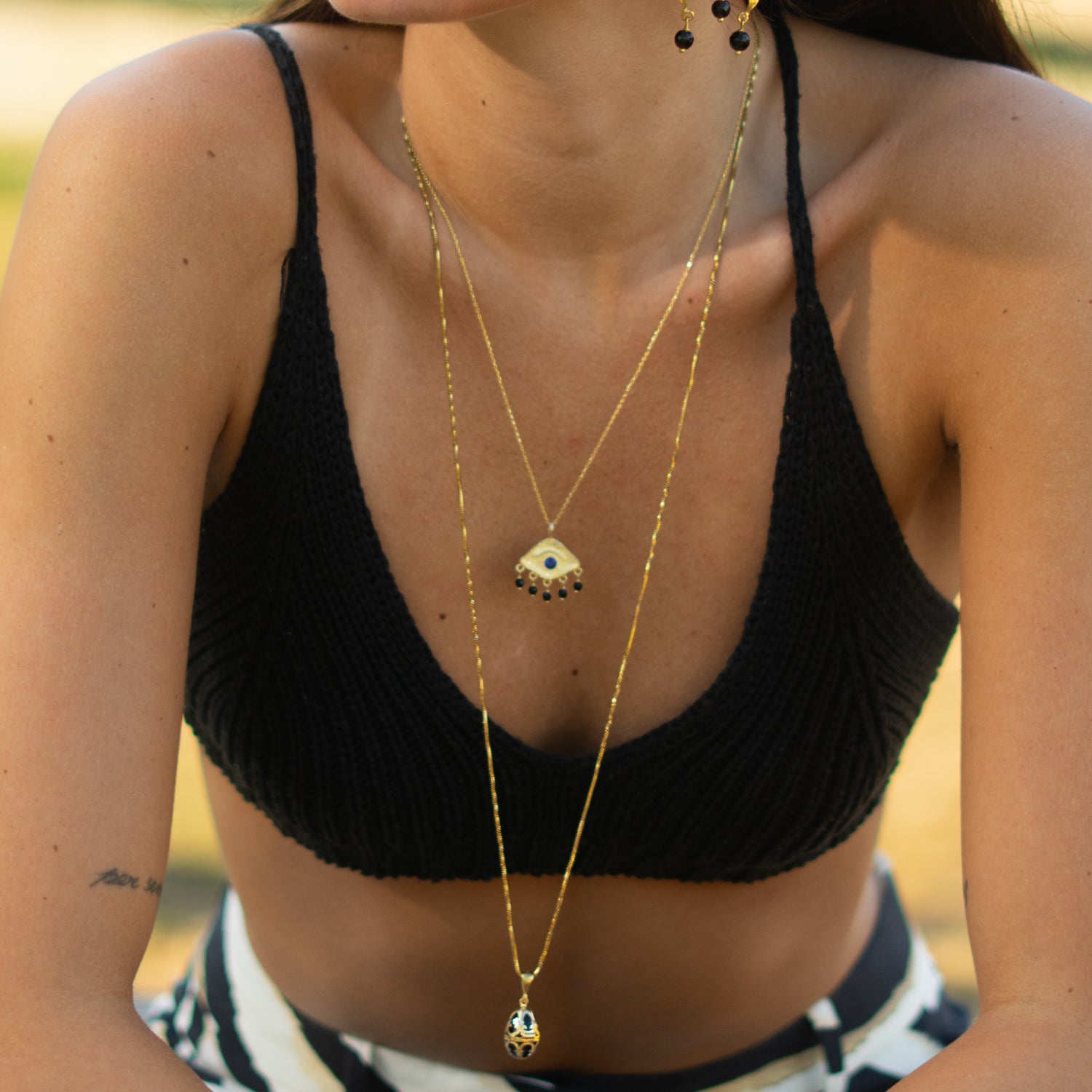 Lucky Clover Black Enamel Egg Gold Necklace